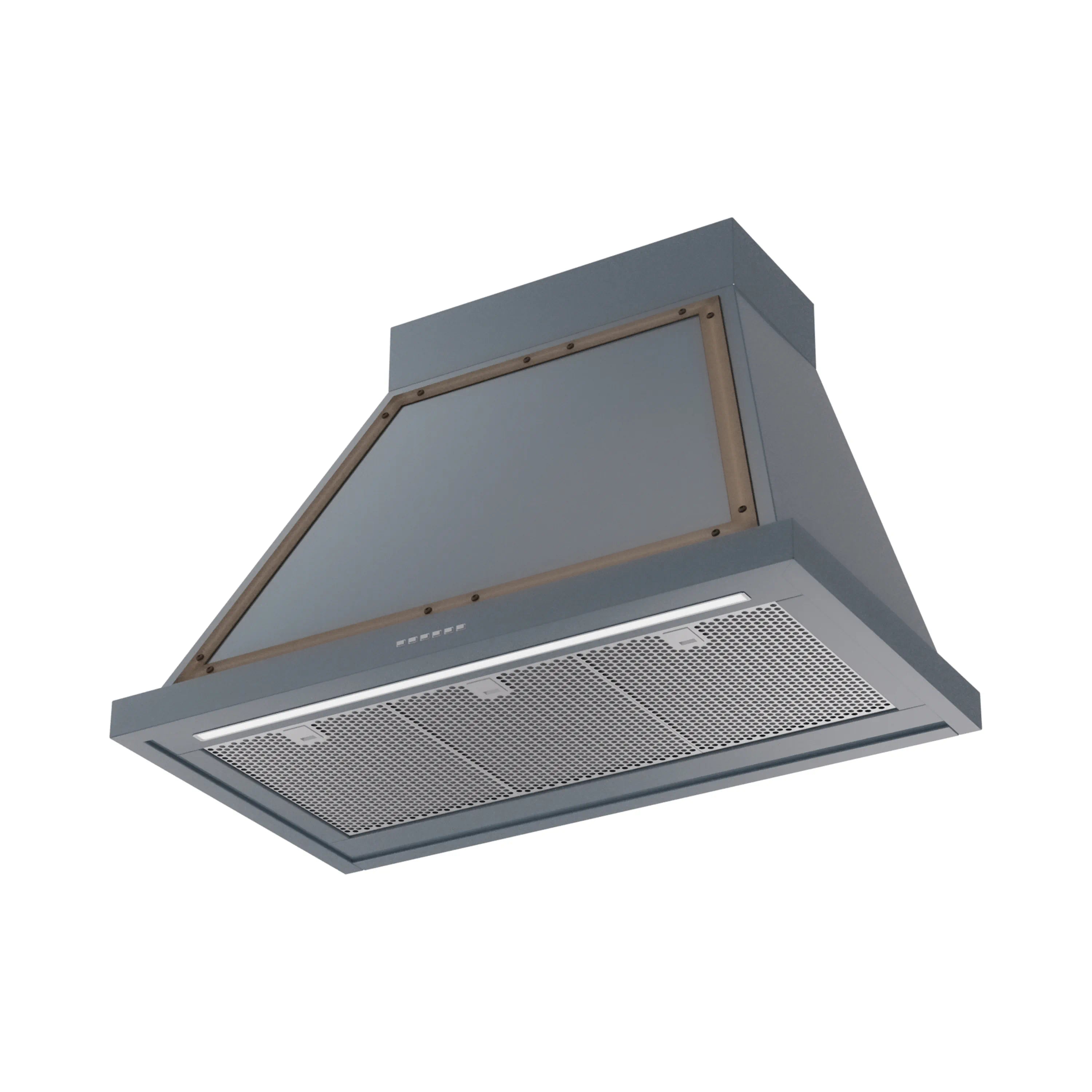Wall-mounted range hood in blue grey with bronze trim, showing mesh filter panel
