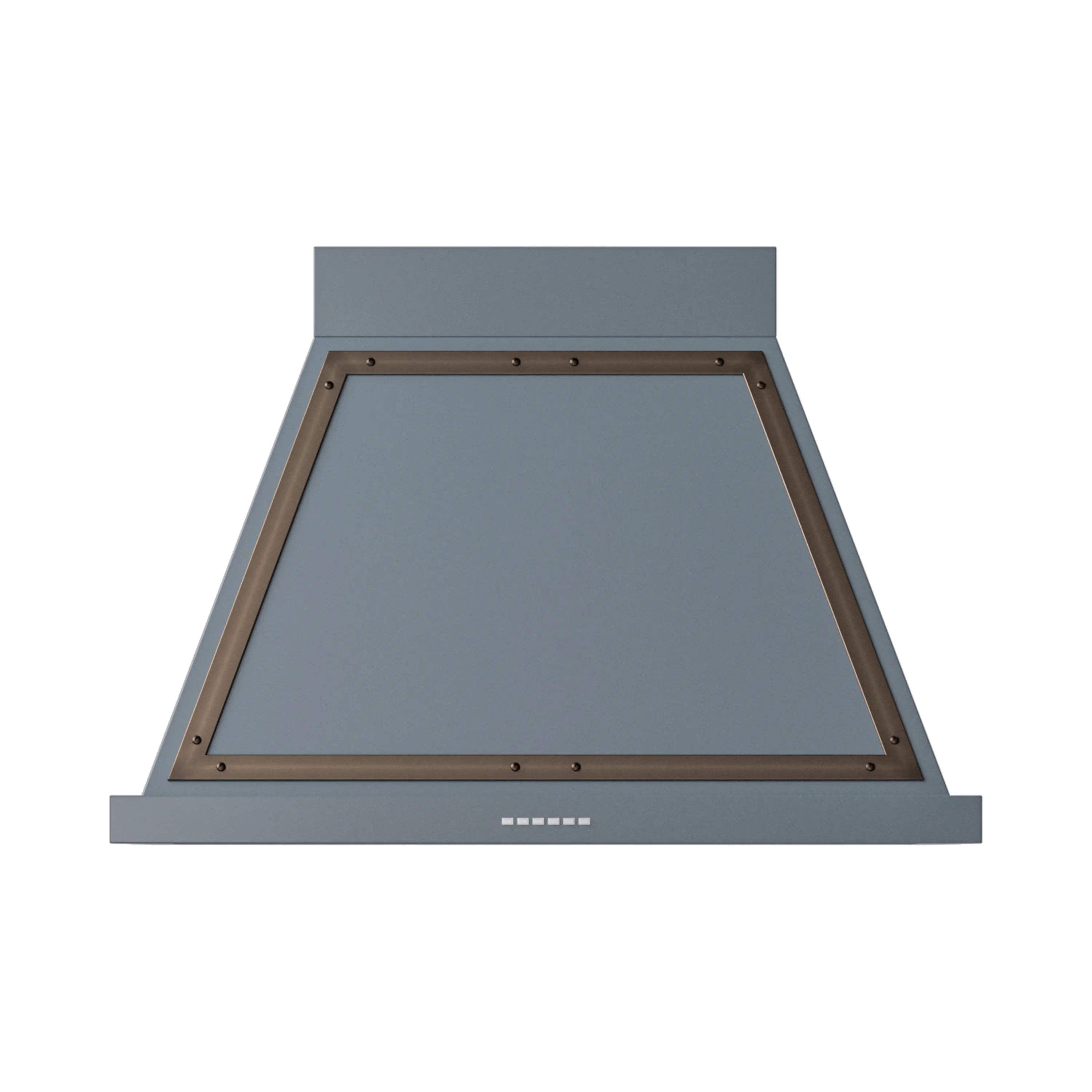 Wall-mounted range hood, blue grey with bronze trim and chimney-style canopy