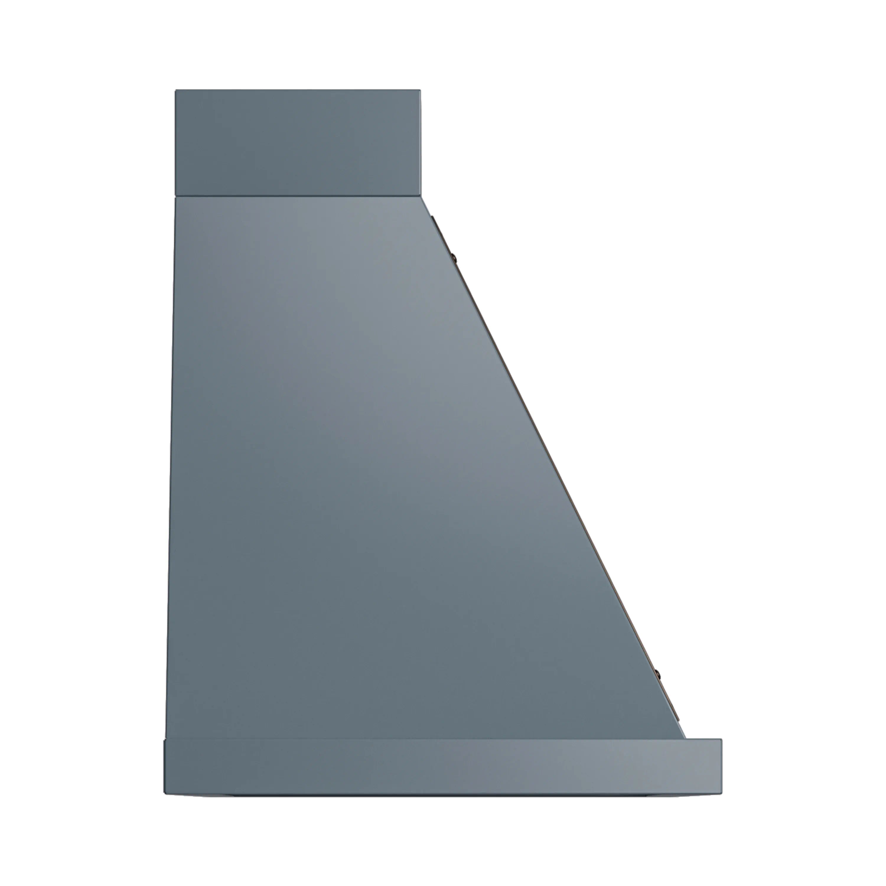 Wall-mounted range hood in blue grey, angled chimney housing with front panel