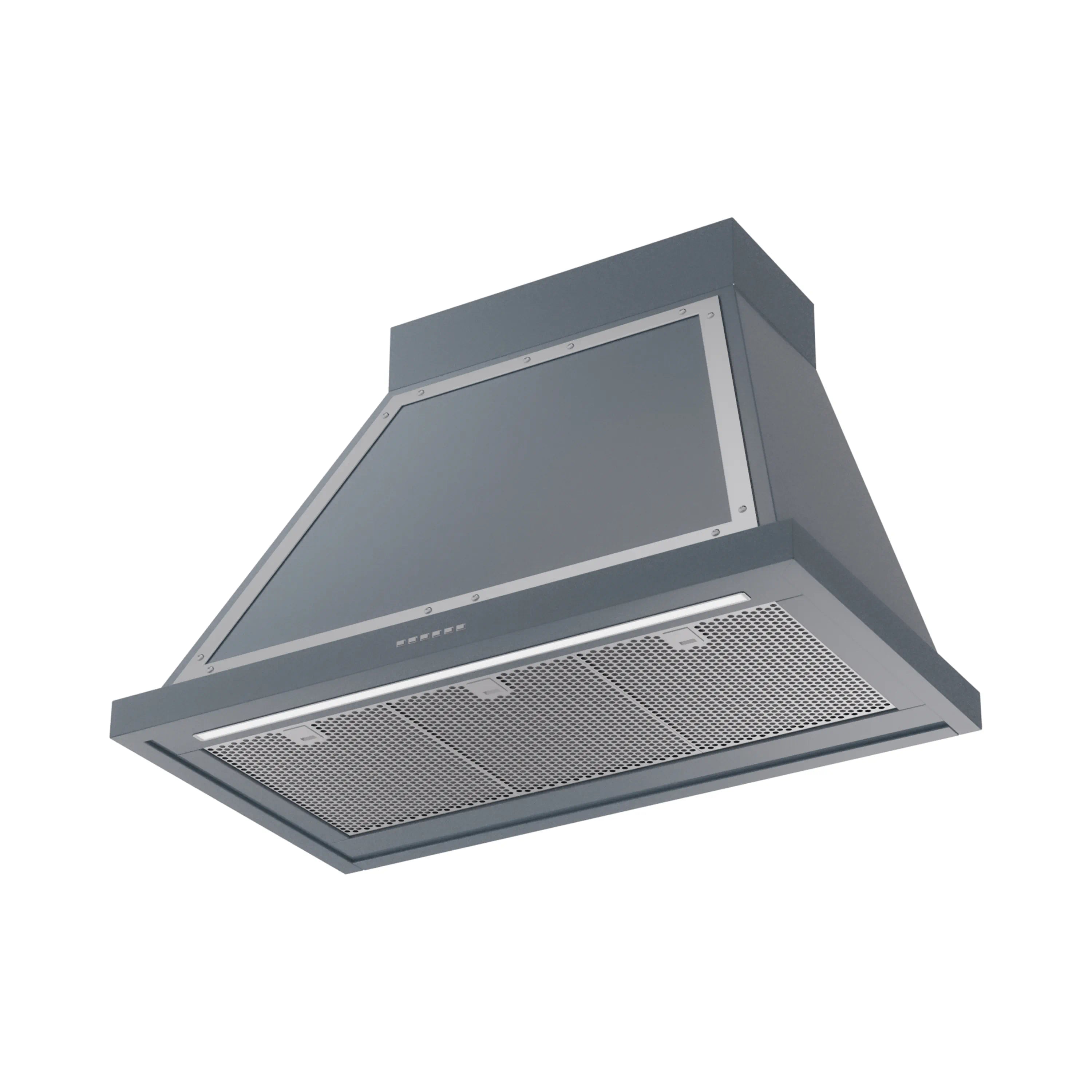 Blue-grey wall-mounted range hood with chrome frame and removable mesh filter