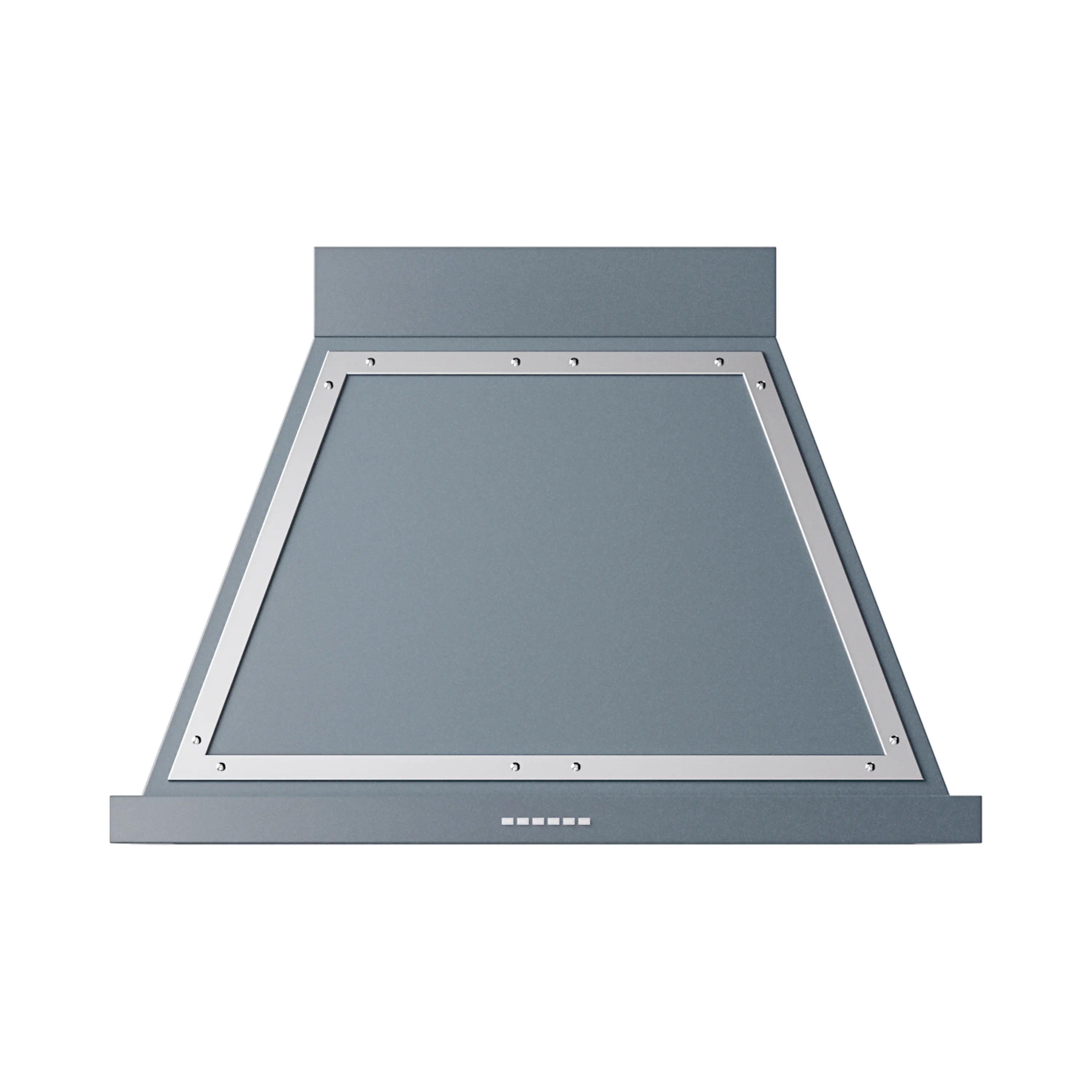 Blue-grey wall-mounted range hood with chrome trim and front vent panel