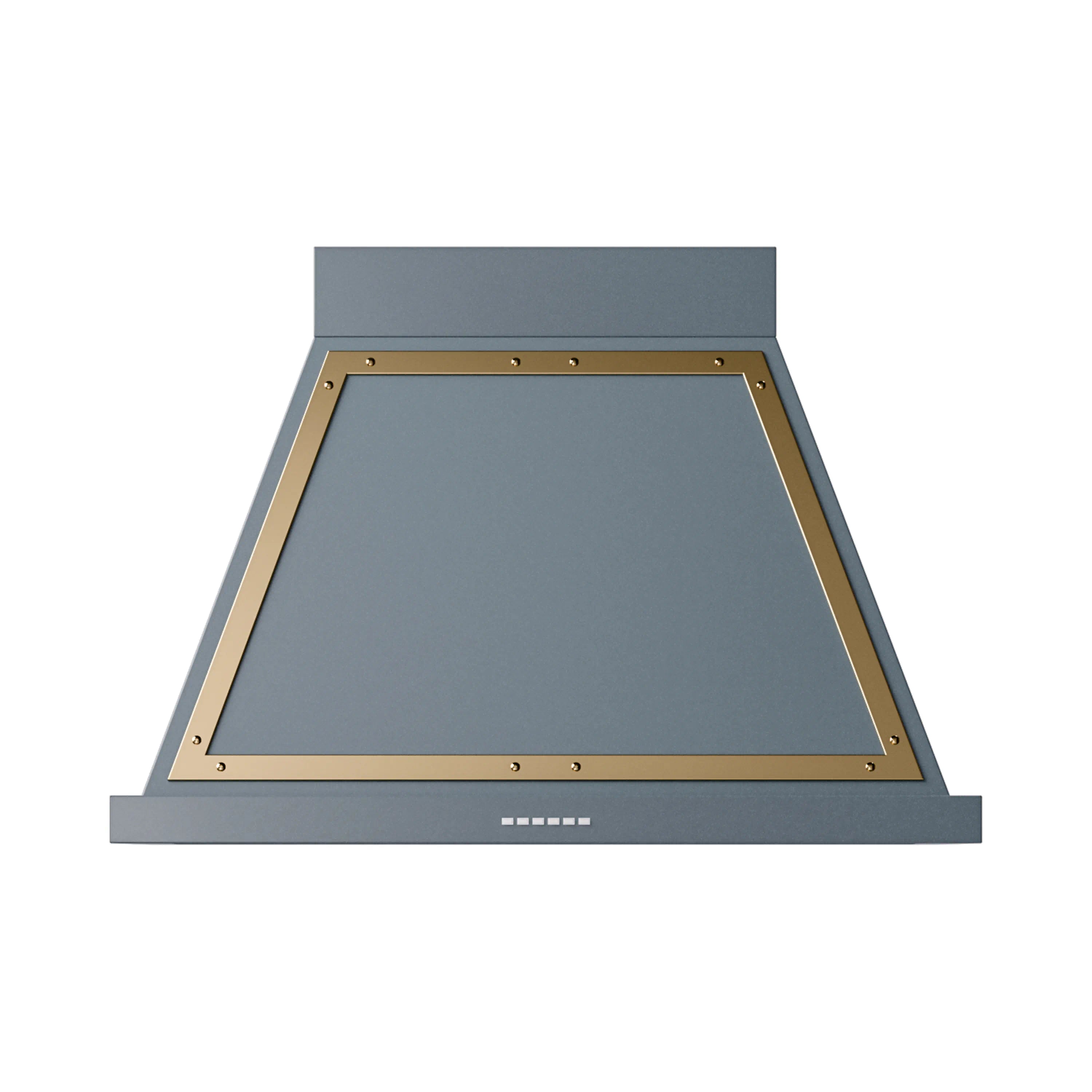 Wall-mounted range hood in blue-gray with brass-trimmed chimney opening