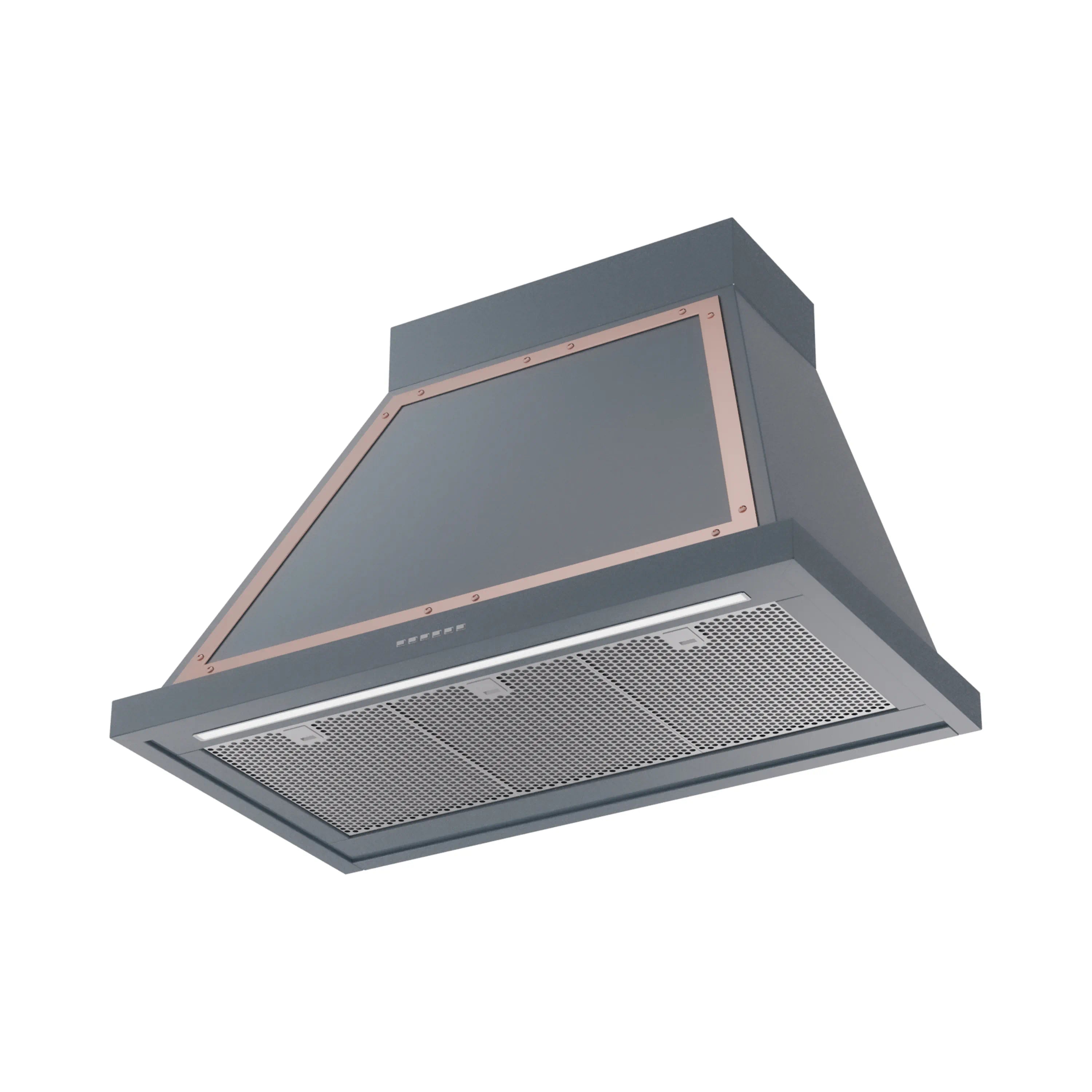 Wall-mounted range hood with copper-framed underside and mesh grease filters, blue-gray