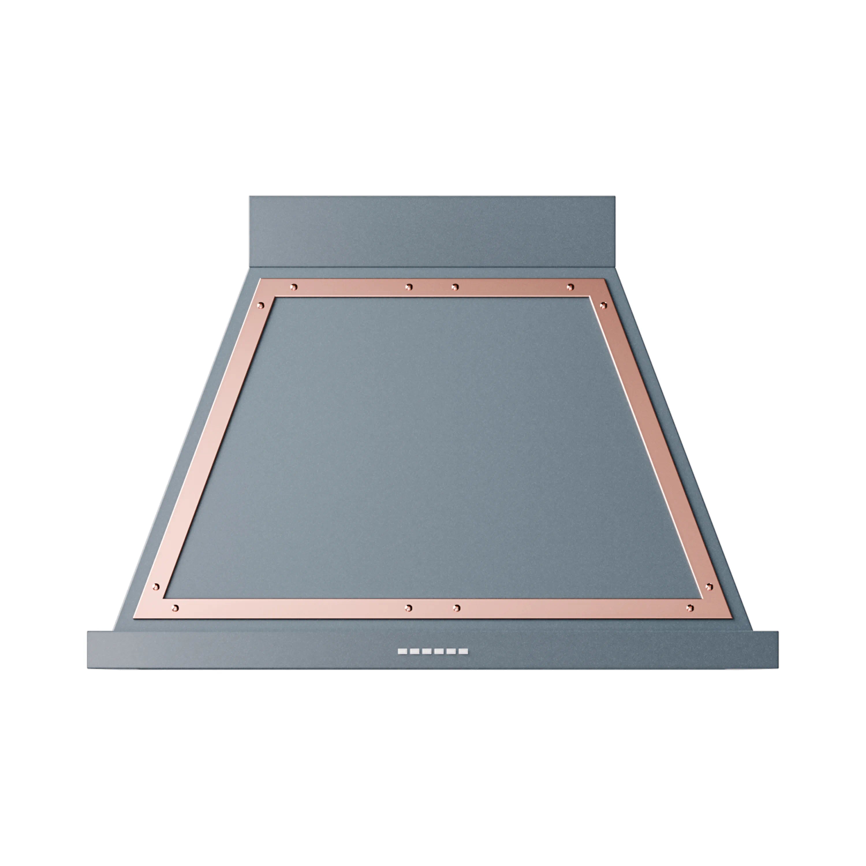 Wall-mounted range hood underside showing copper inner frame and control bar, blue-gray