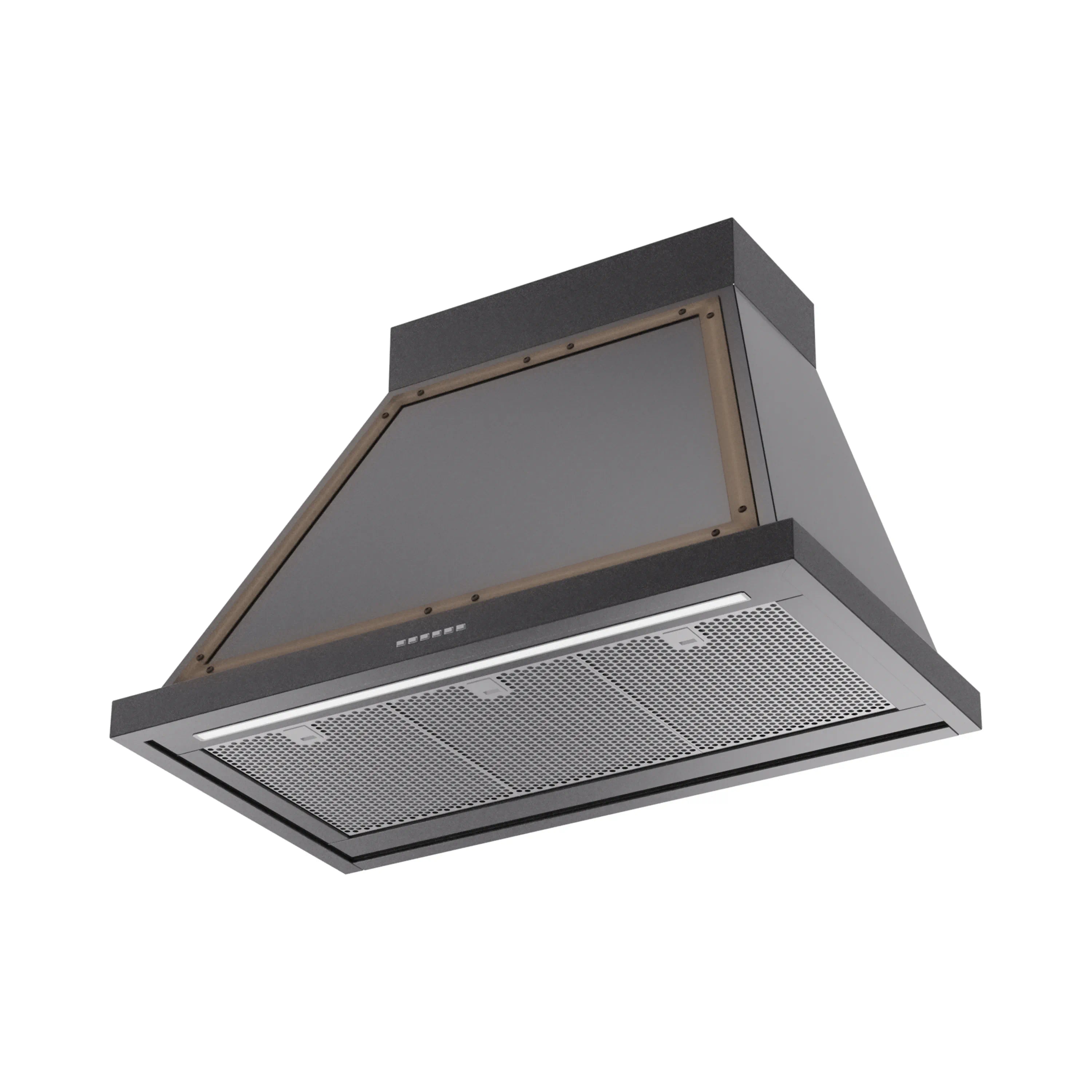 Glossy black wall-mounted range hood with bronze-trimmed glass panel and mesh filter