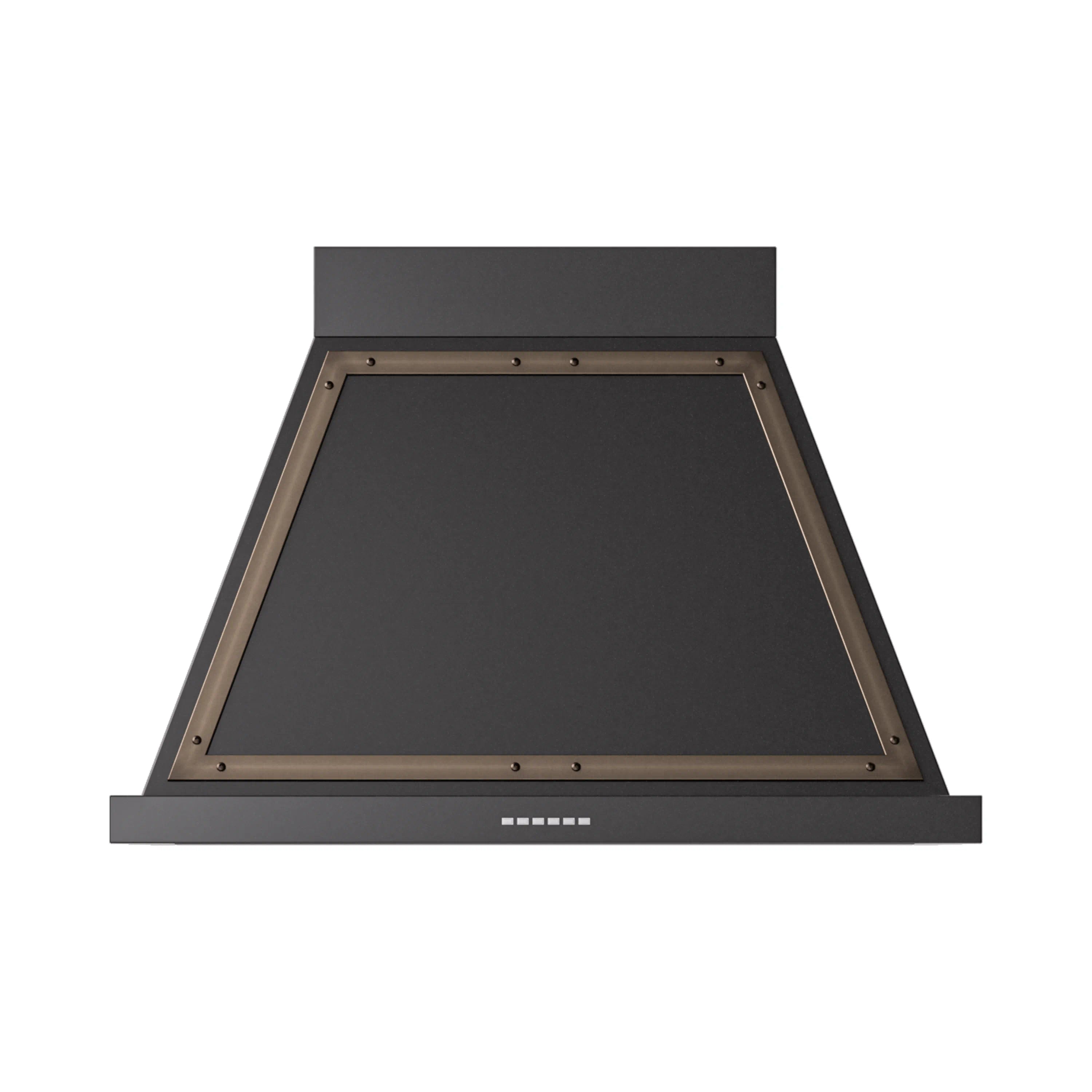 Black wall-mounted range hood with bronze-trimmed underside and central control strip
