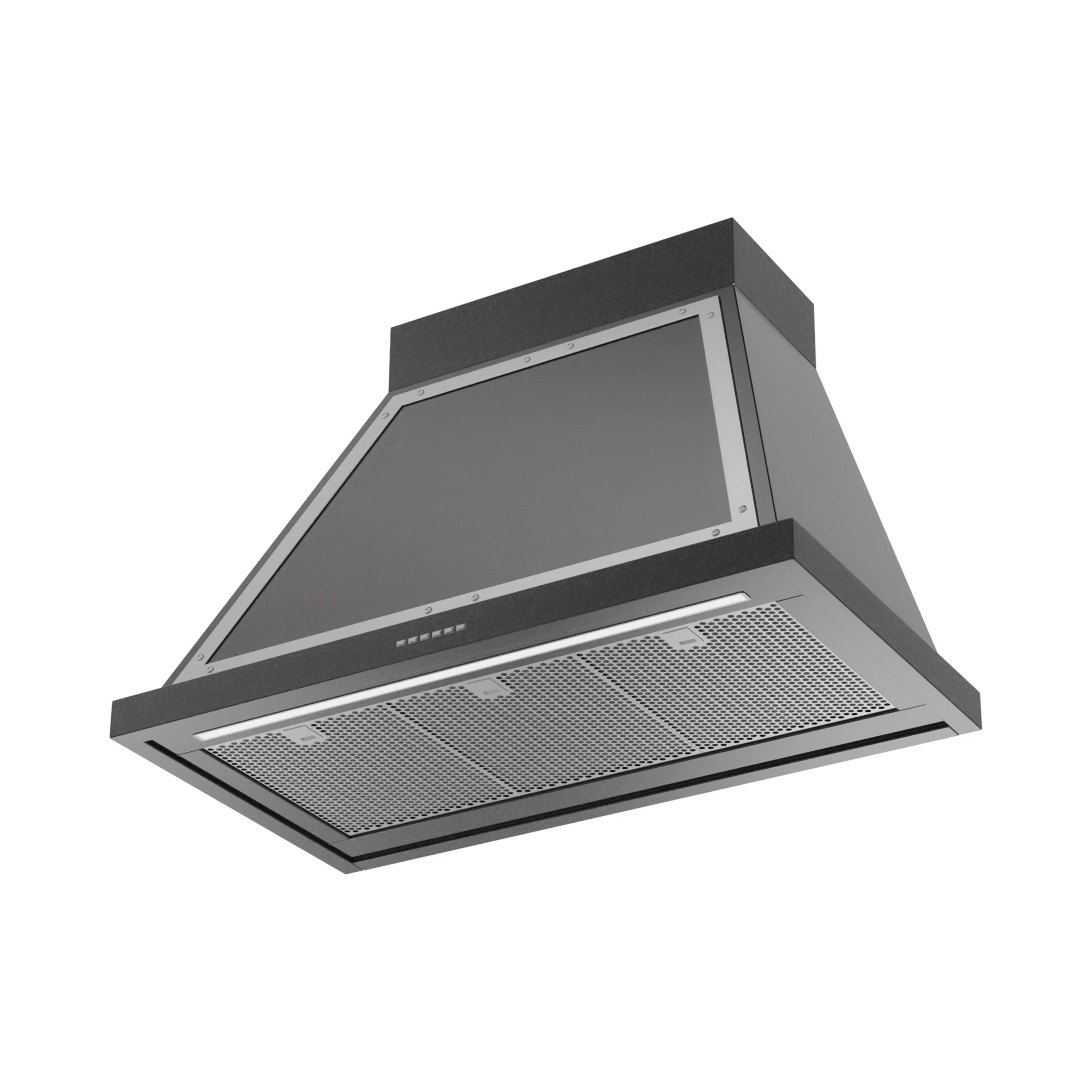 Wall-mounted range hood, glossy black with chrome trim and mesh filters