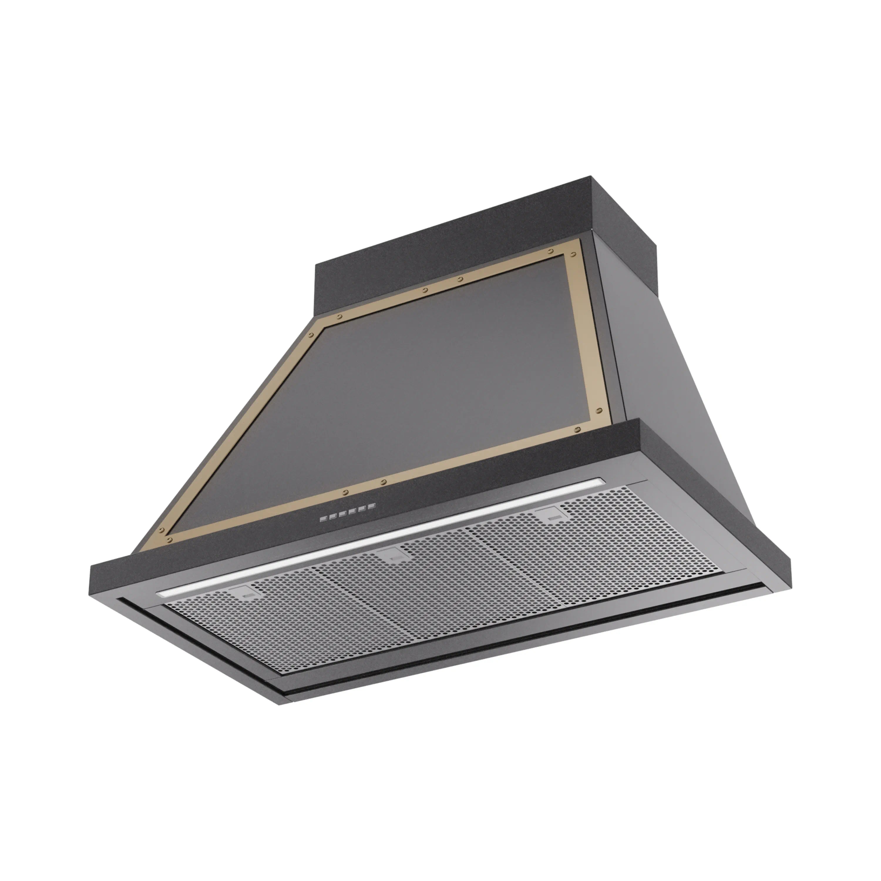 Wall mounted range hood in glossy black with brass trim and mesh filter