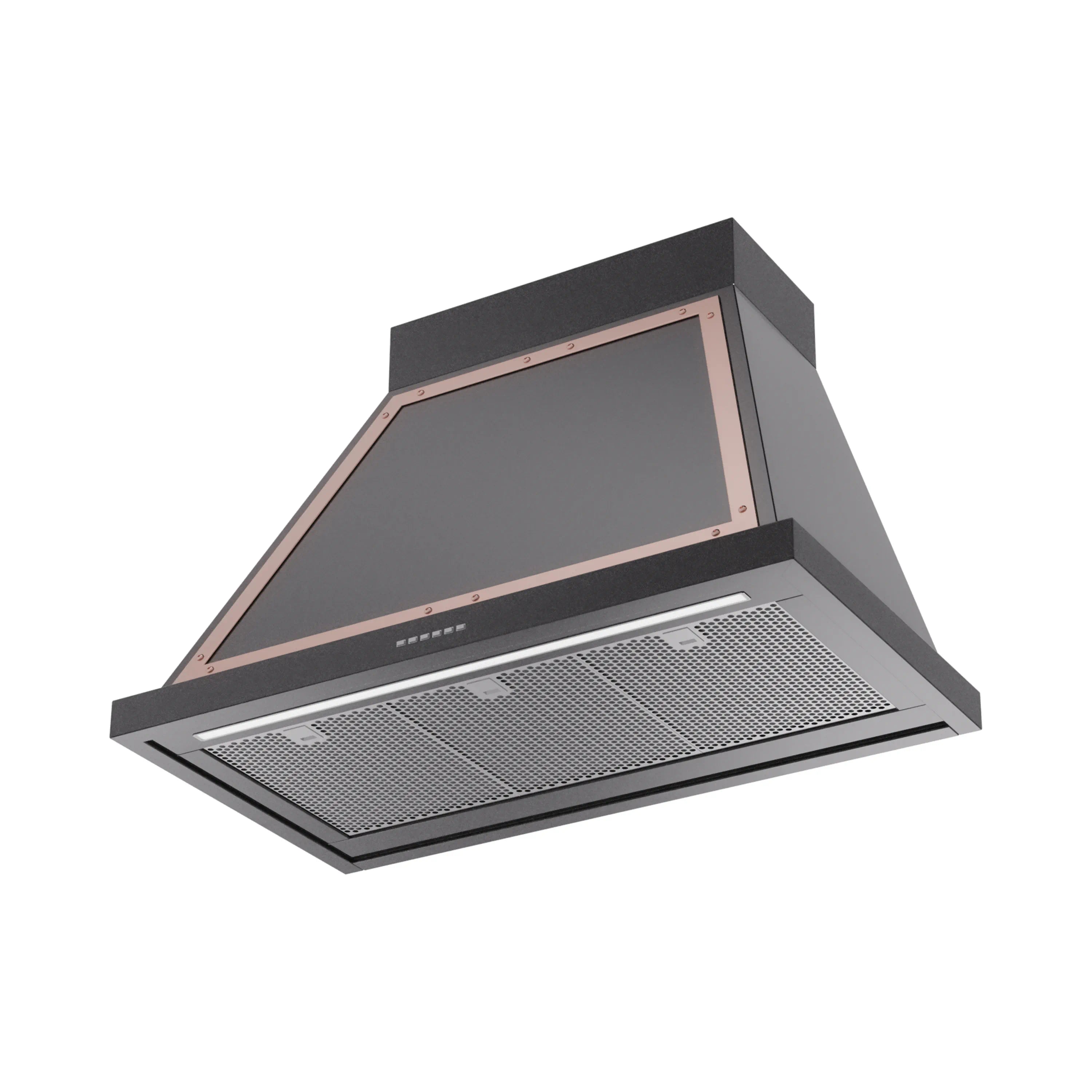 Black wall range hood with copper-trim frame and mesh grease filter drawer