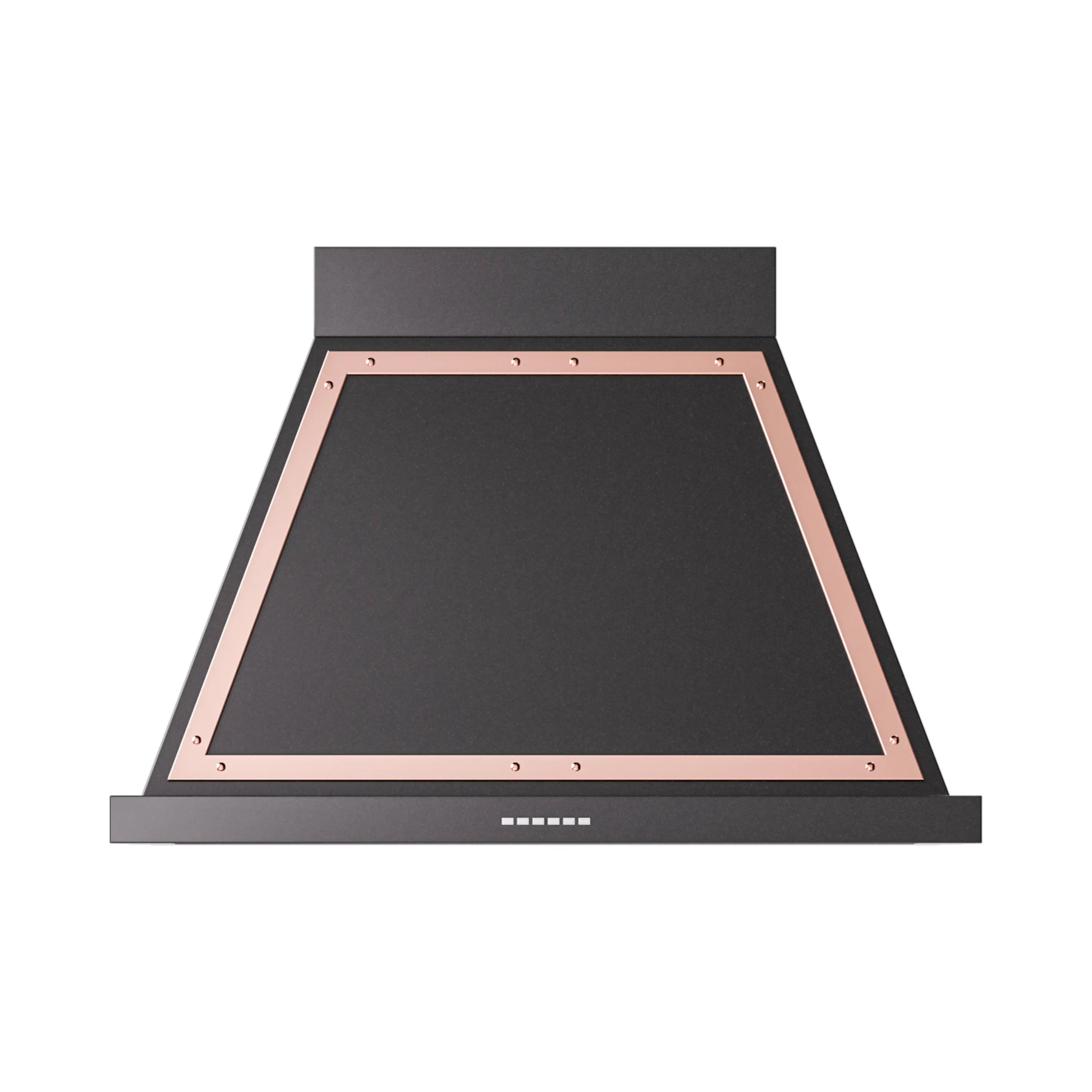 Glossy black wall range hood with copper trim and dark chimney panel