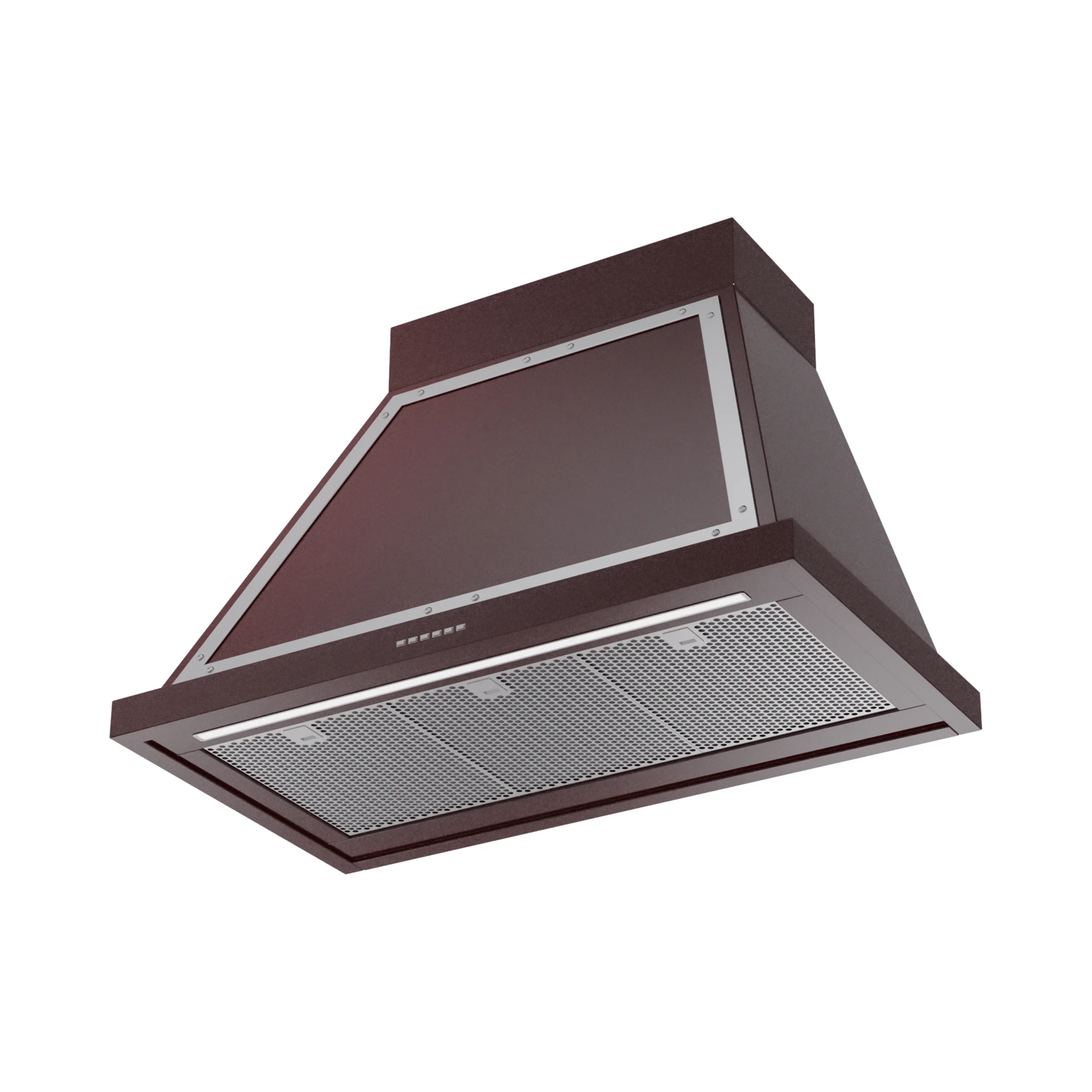 Burgundy range hood with chrome trim and visible stainless mesh grease filter