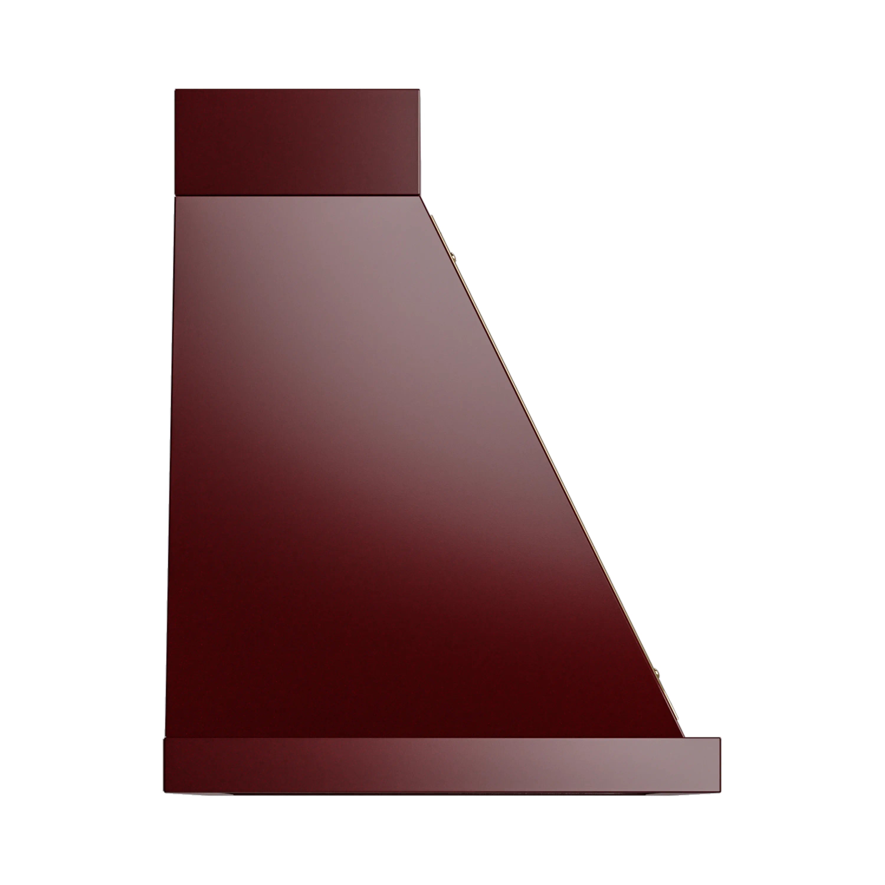 Burgundy wall-mounted range hood side view with angled chimney panel
