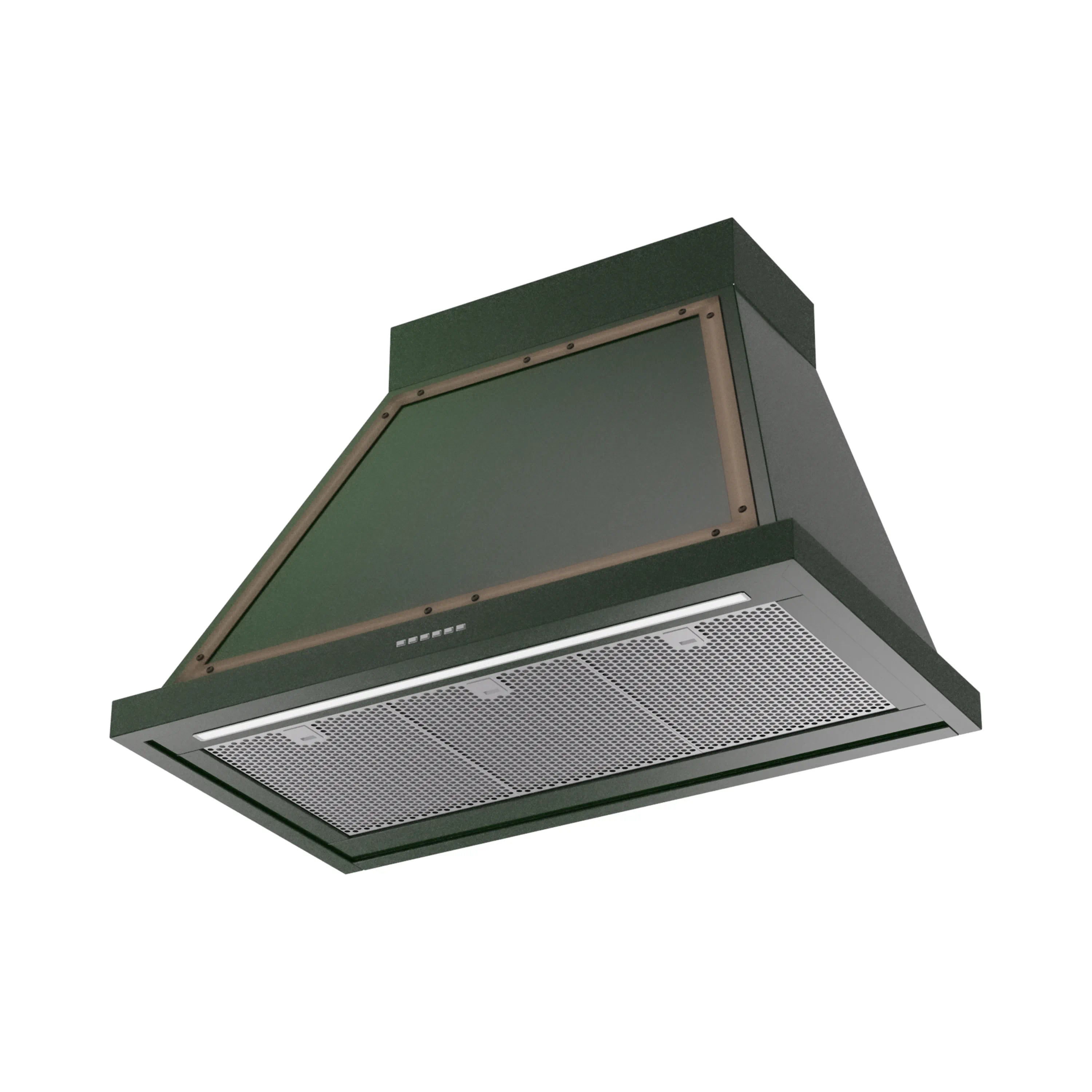 Emerald green wall range hood with bronze frame and stainless mesh filter panel