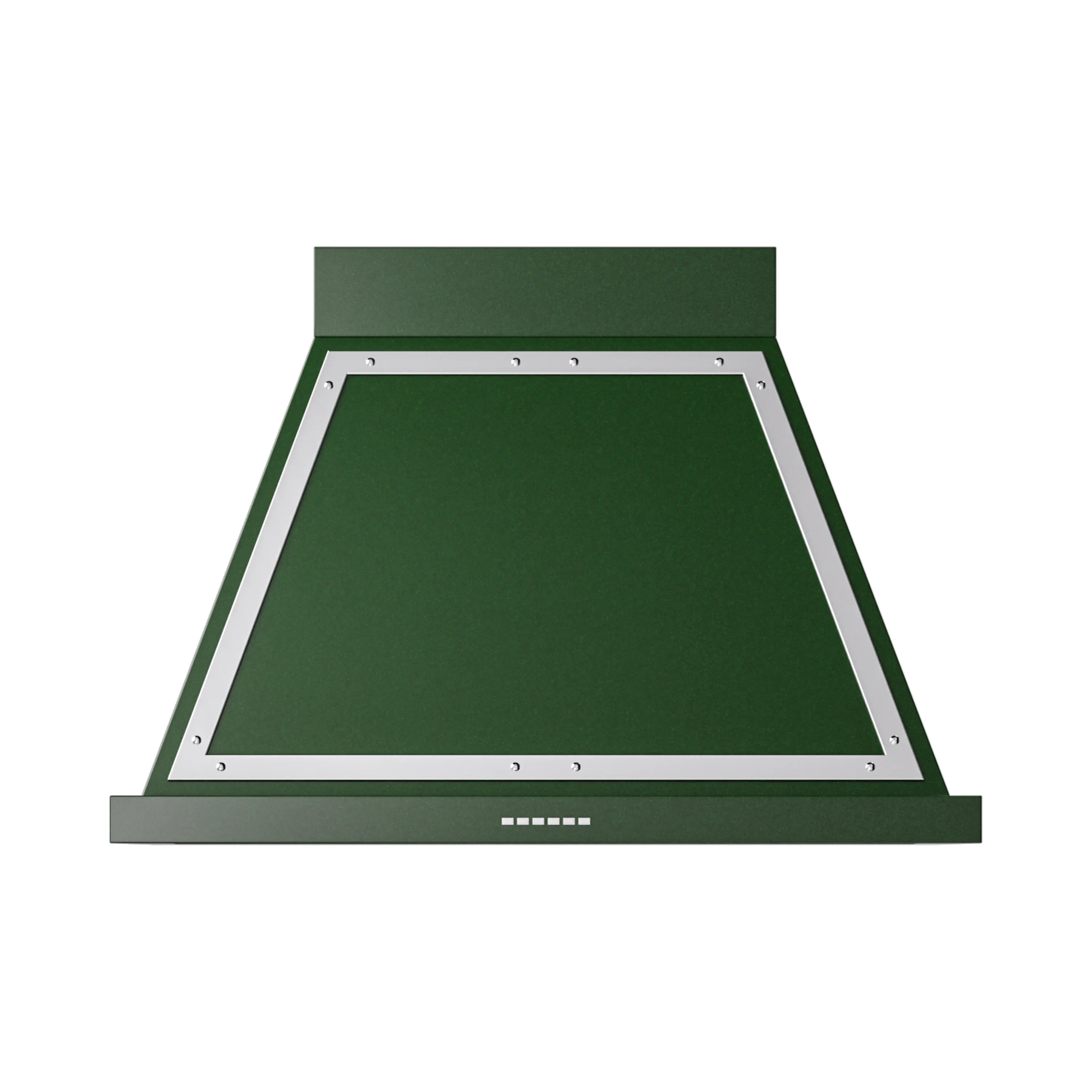 Emerald green wall-mounted range hood with vented front intake panel and controls