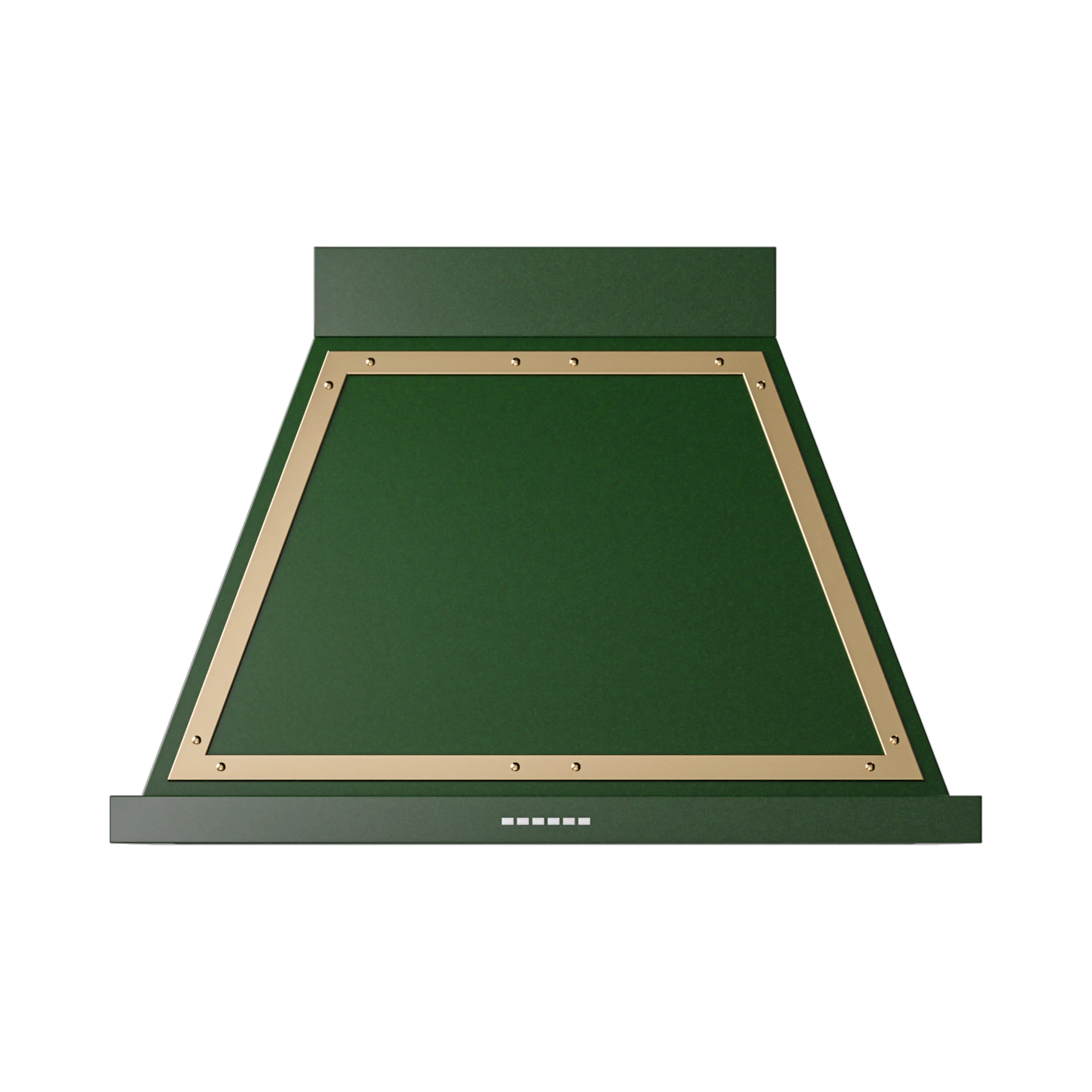 Emerald green wall range hood with brass frame and underside vent grille