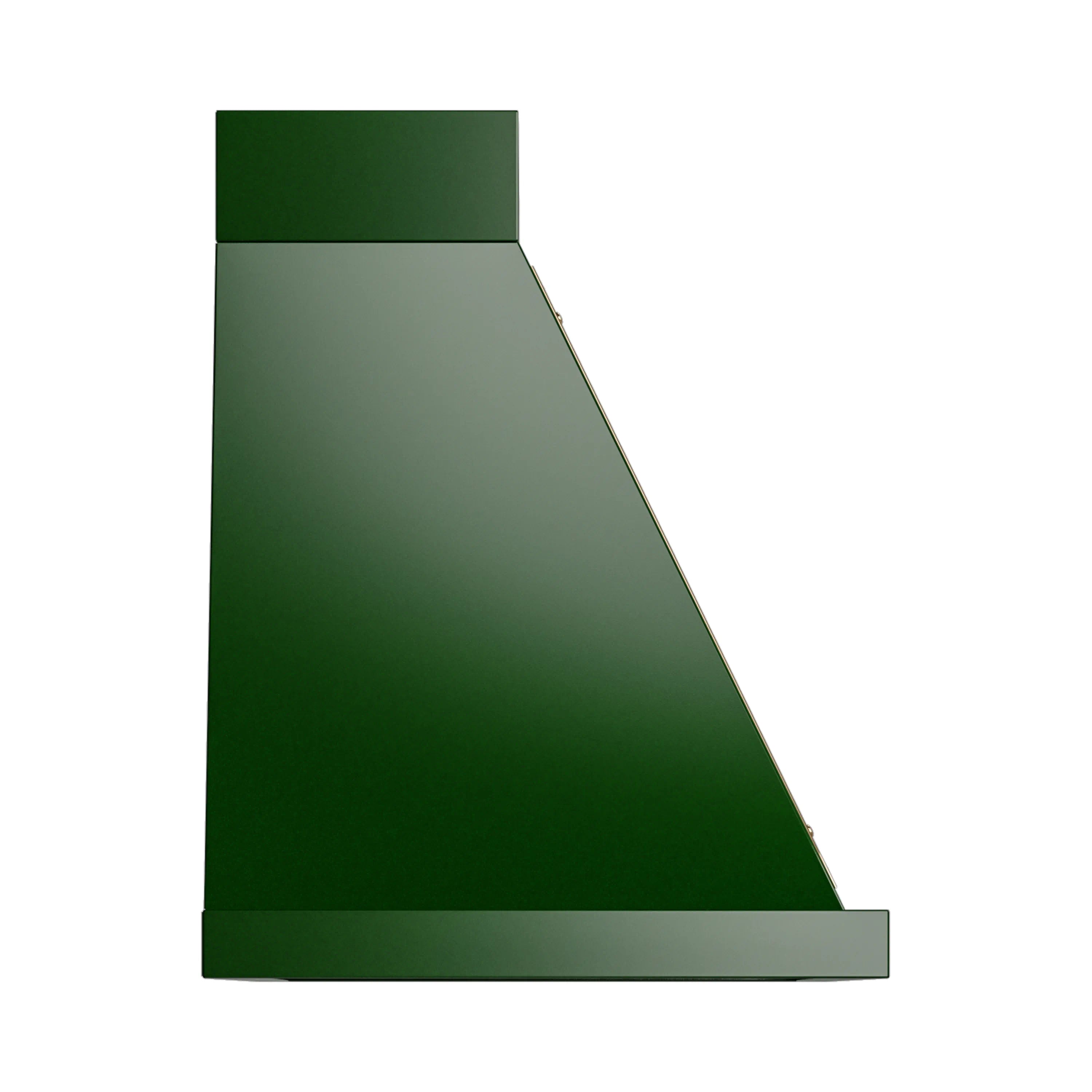 Emerald green wall range hood, angled side view with brass trim edge