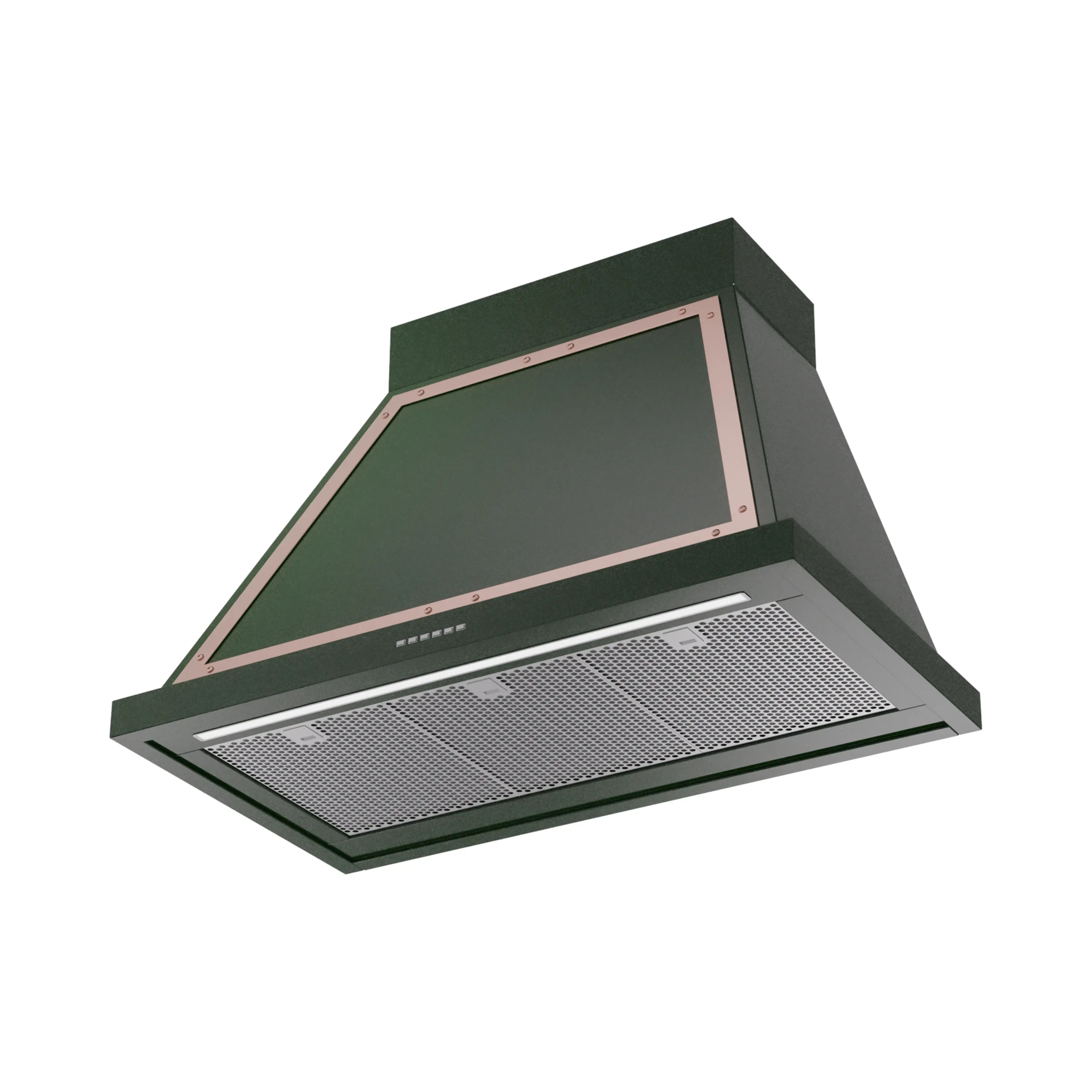 Emerald green wall mounted range hood with copper trim and front mesh filter