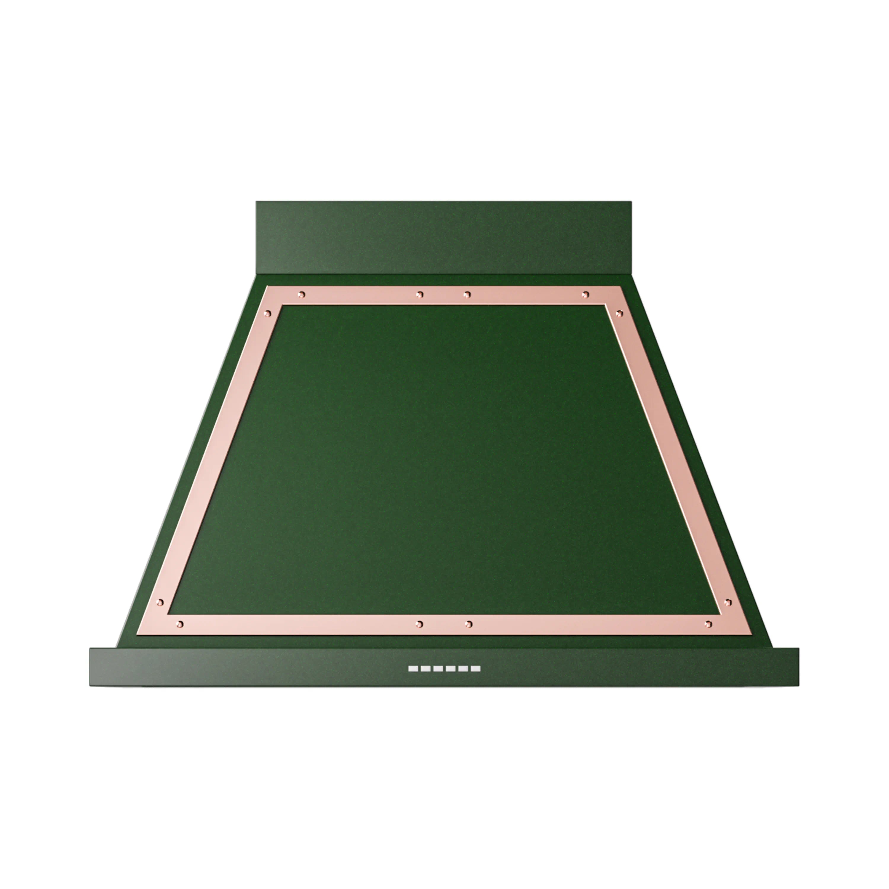 Emerald green wall mounted range hood with copper trim, vent panel and control bar