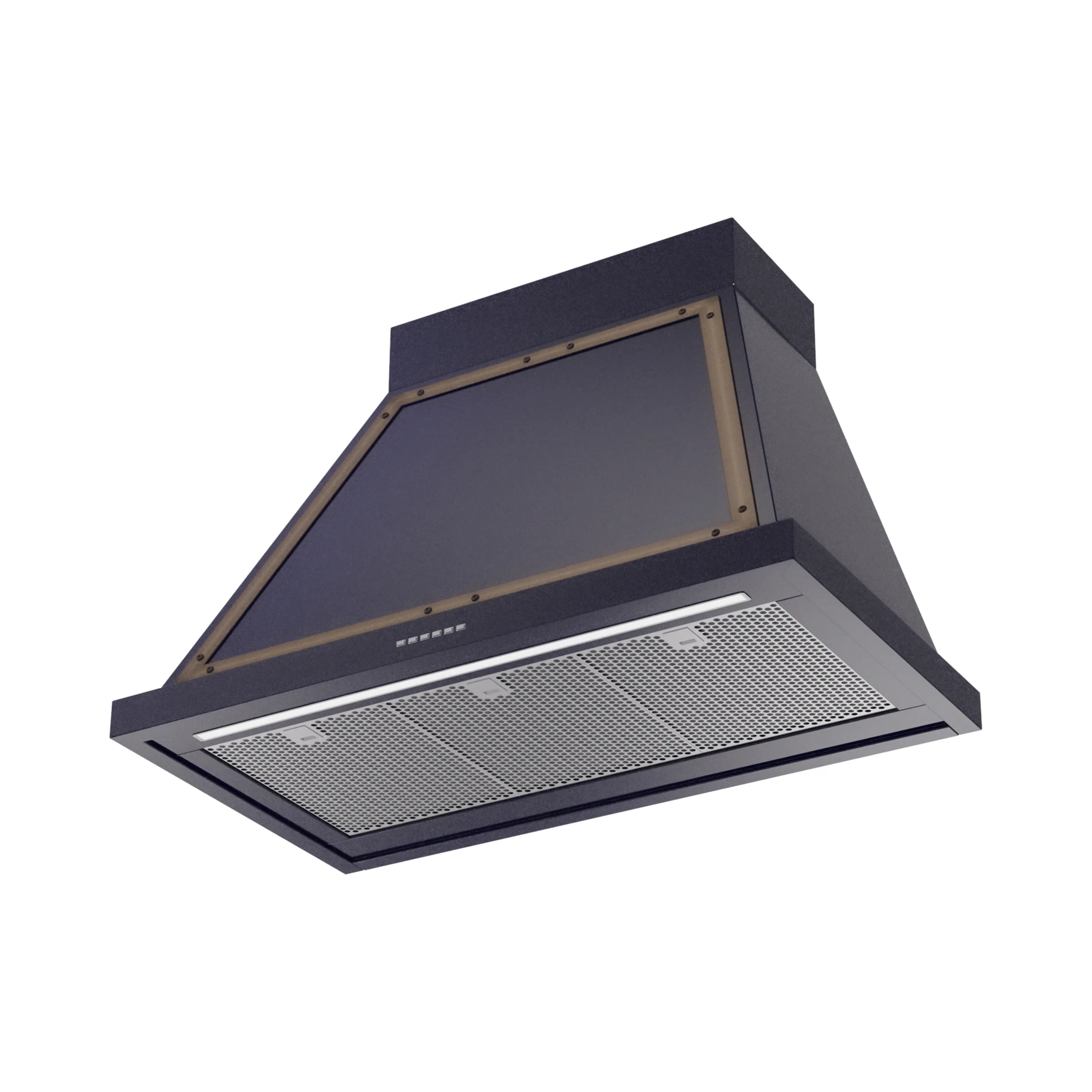 Midnight blue range hood with bronze interior frame and metal mesh grease filter