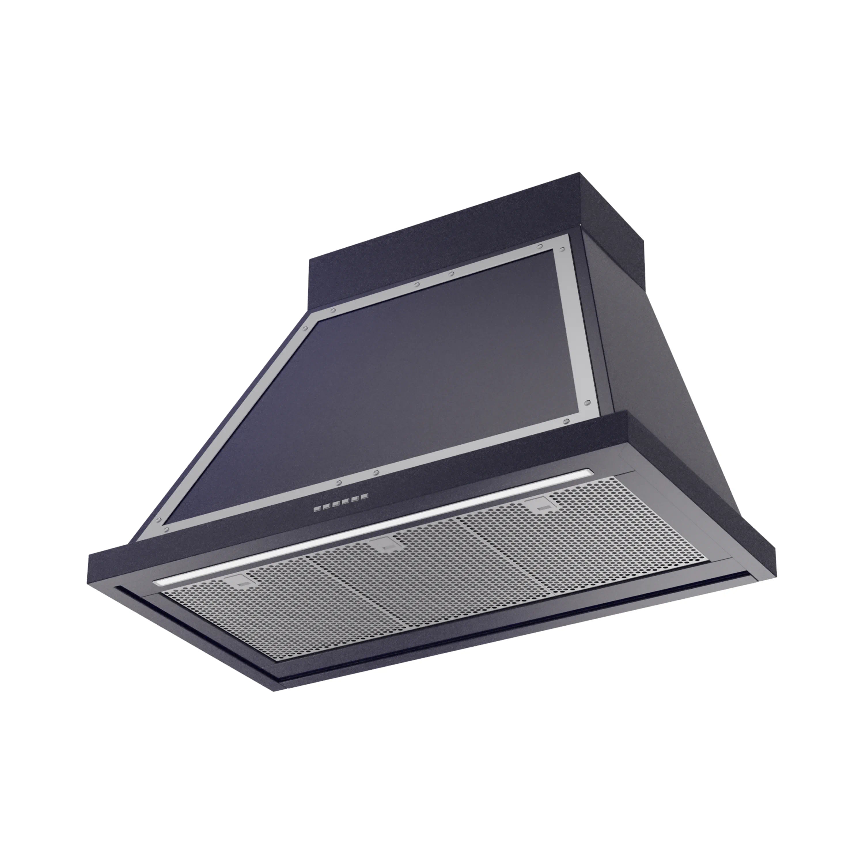 Midnight blue wall mounted range hood with chrome trim and mesh grease filters
