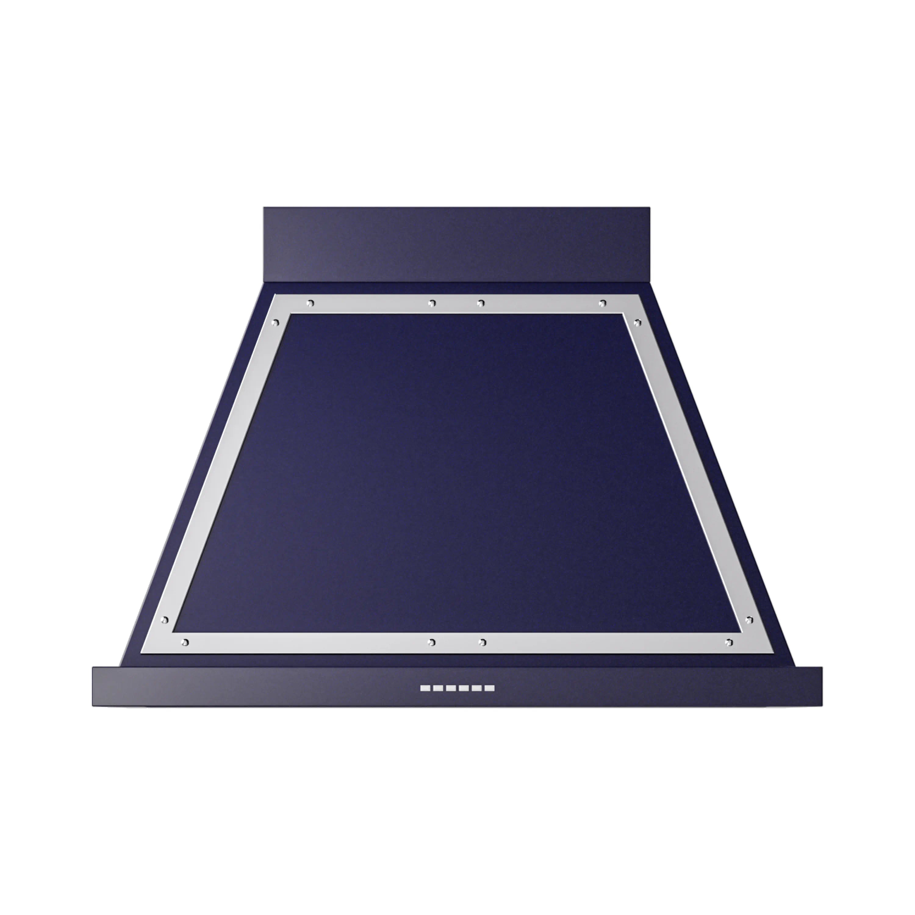 Midnight blue wall mounted range hood with chrome trim and dark glass canopy