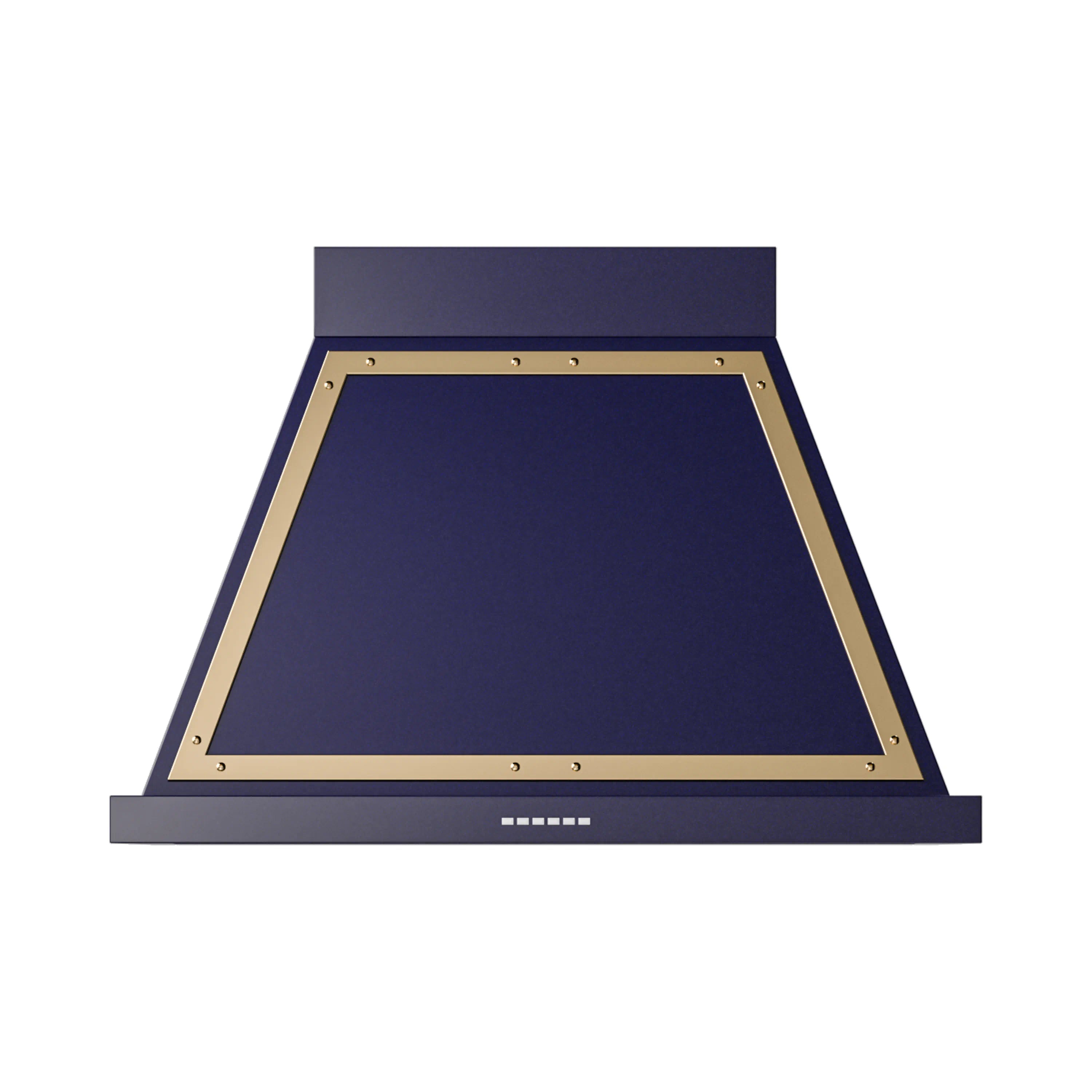 Wall-mounted range hood with dark blue canopy, brass frame, and vented mesh filter