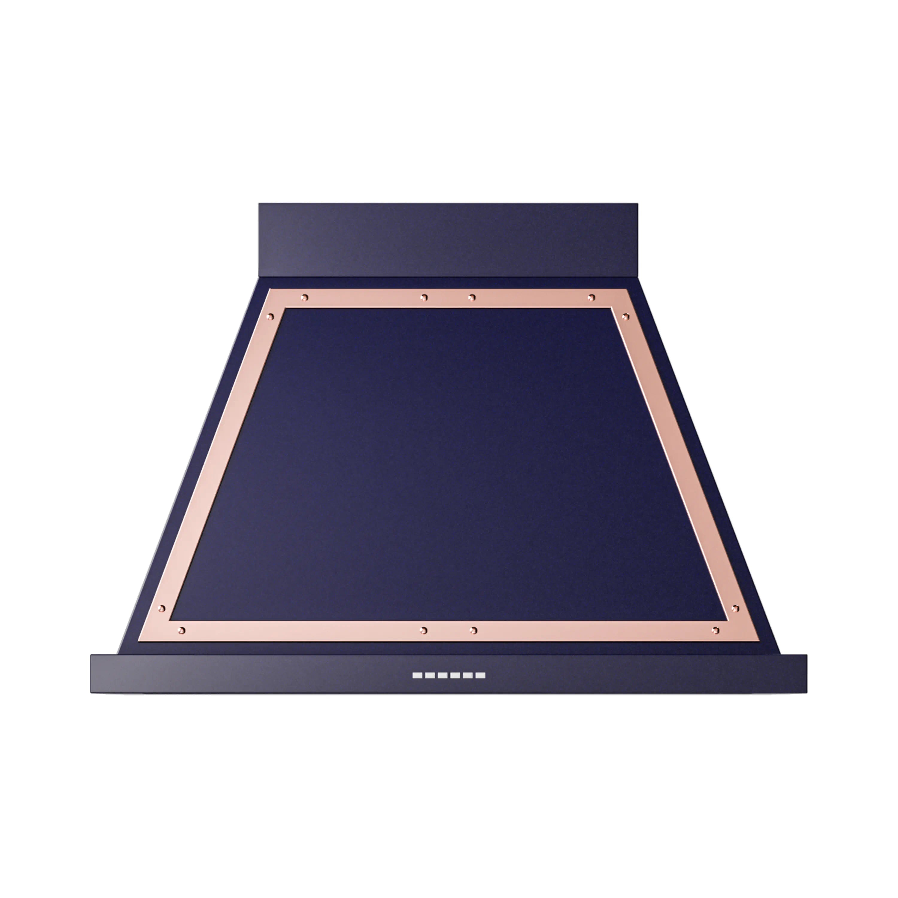 Midnight blue range hood with copper border frame and underside vent filters
