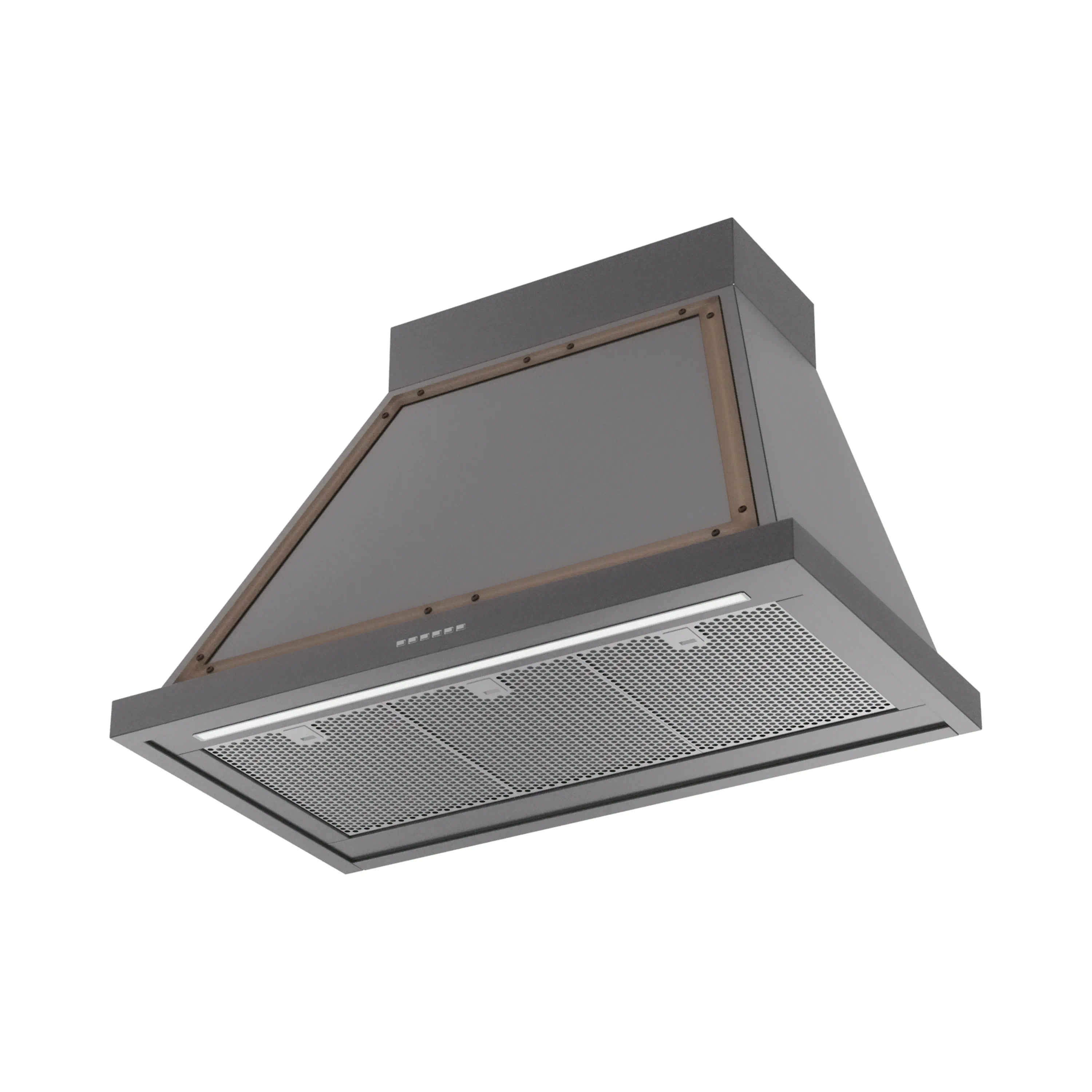 Graphite matte wall range hood with bronze-trimmed canopy and front mesh vent filter