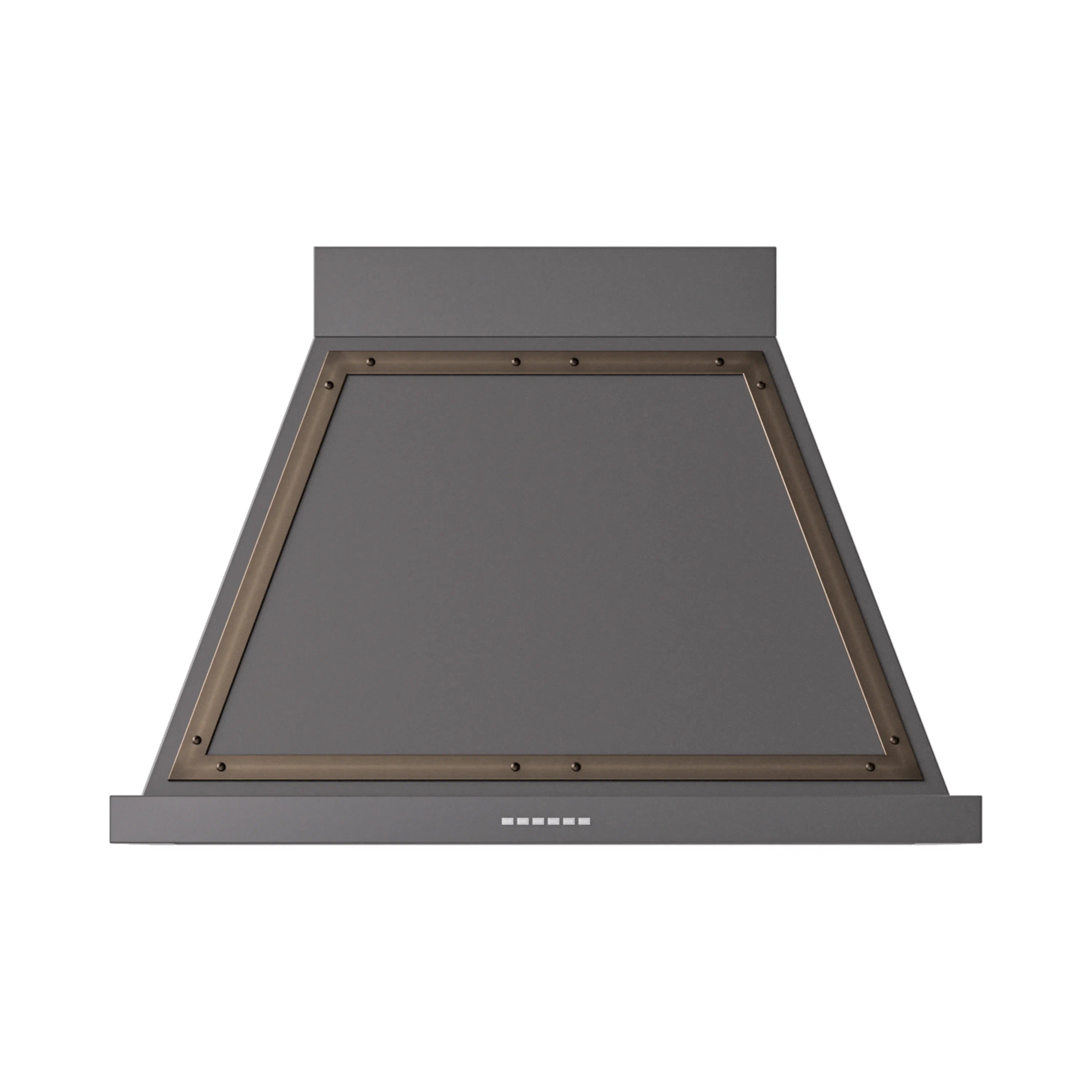 Wall-mounted range hood with bronze-trimmed canopy panel and front mesh grease filter