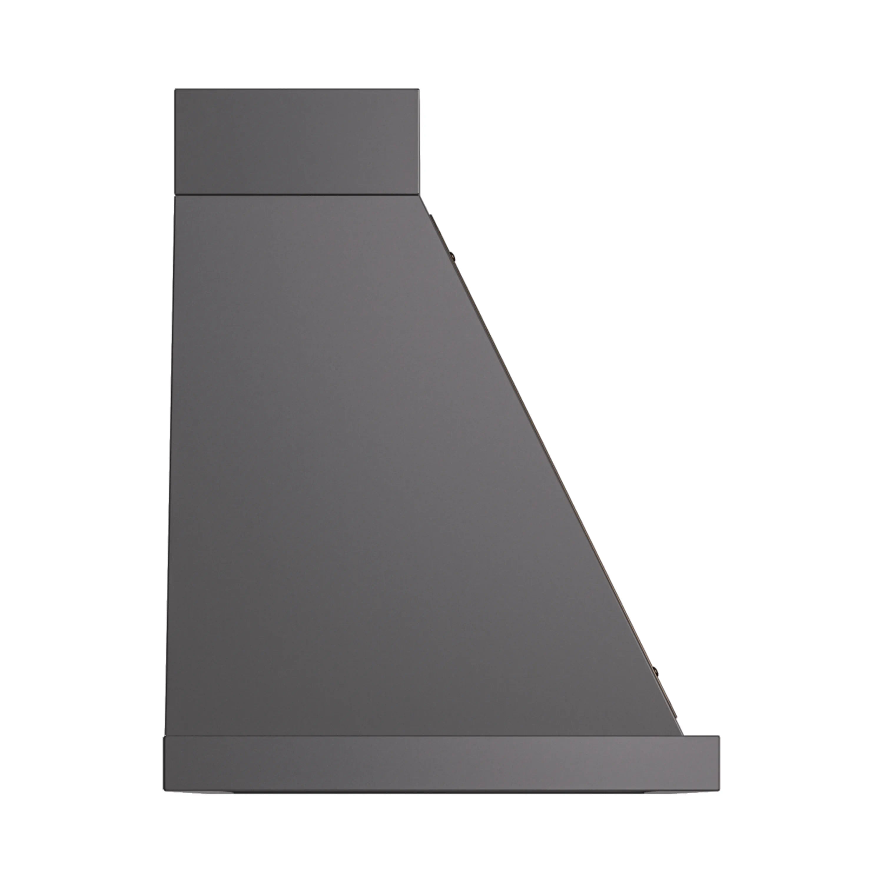 Graphite matte wall range hood side view with bronze-accent trim and chimney body