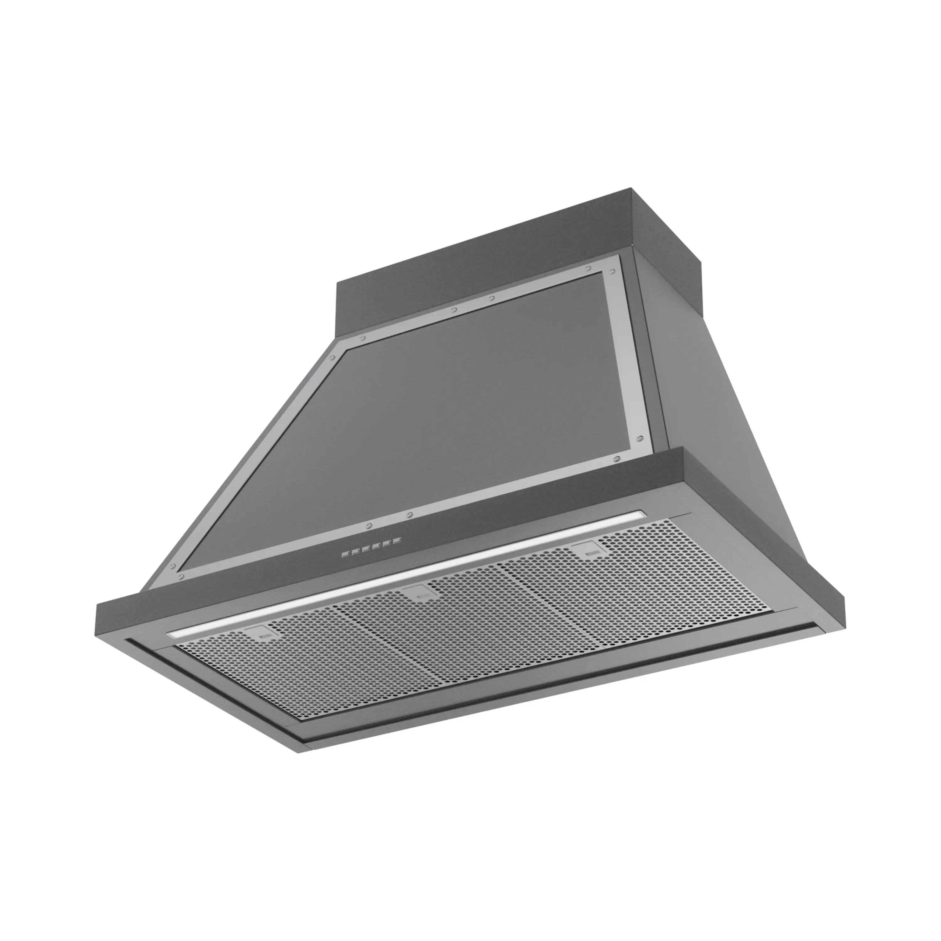 Graphite matte wall-mounted range hood with chrome trim and mesh filter panel
