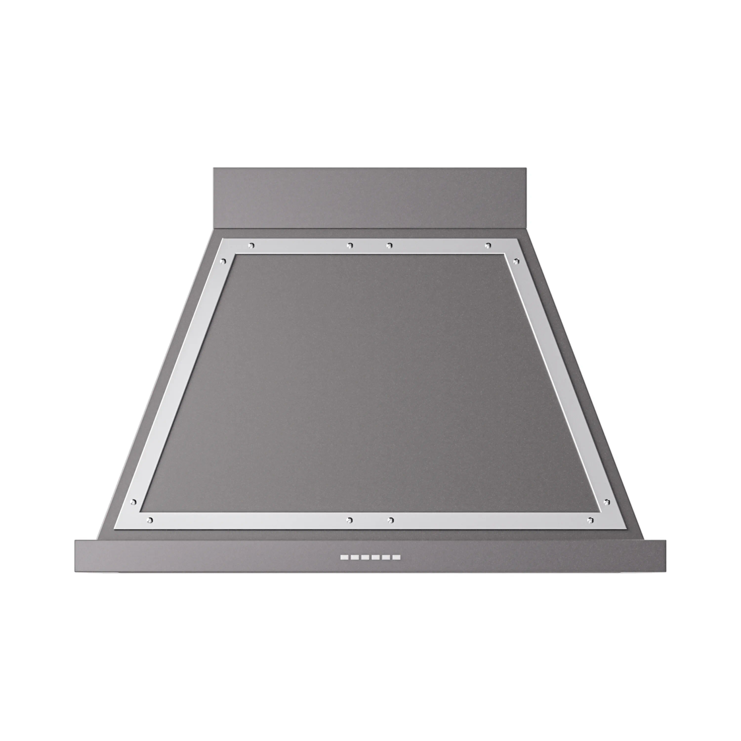 Graphite matte wall range hood with chrome frame and recessed dark interior opening