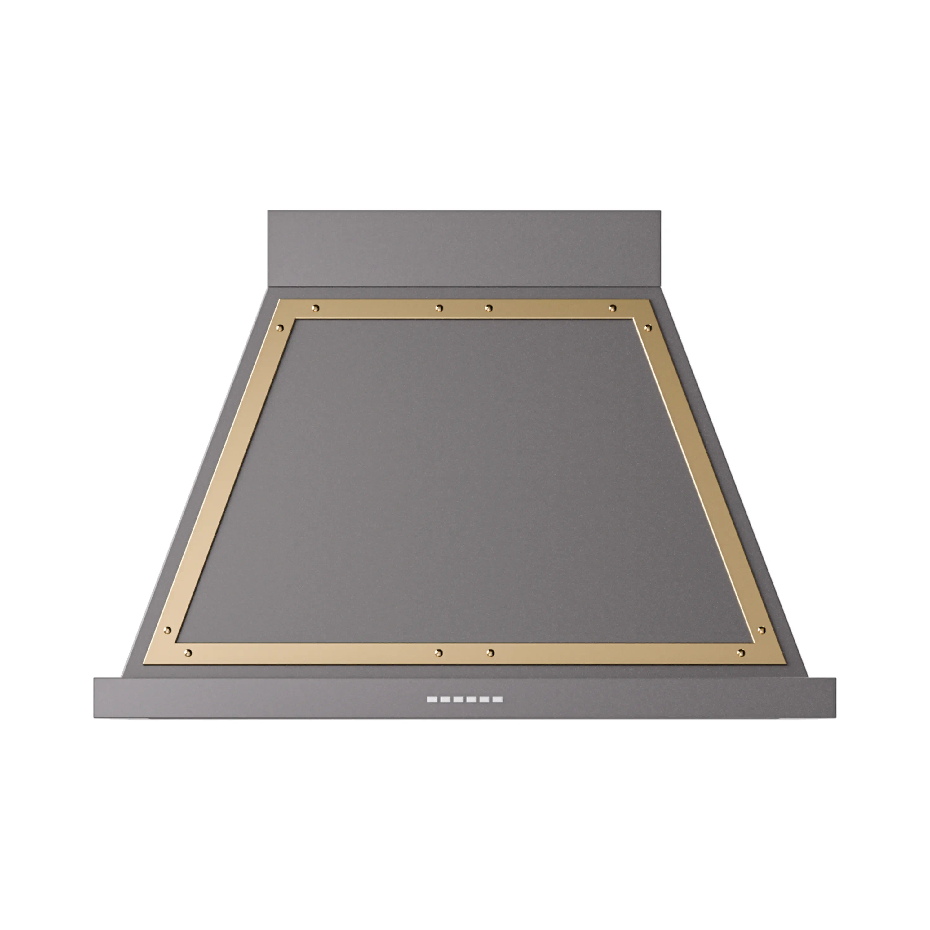 Graphite matte wall range hood front with brass-trimmed canopy and top vent panel