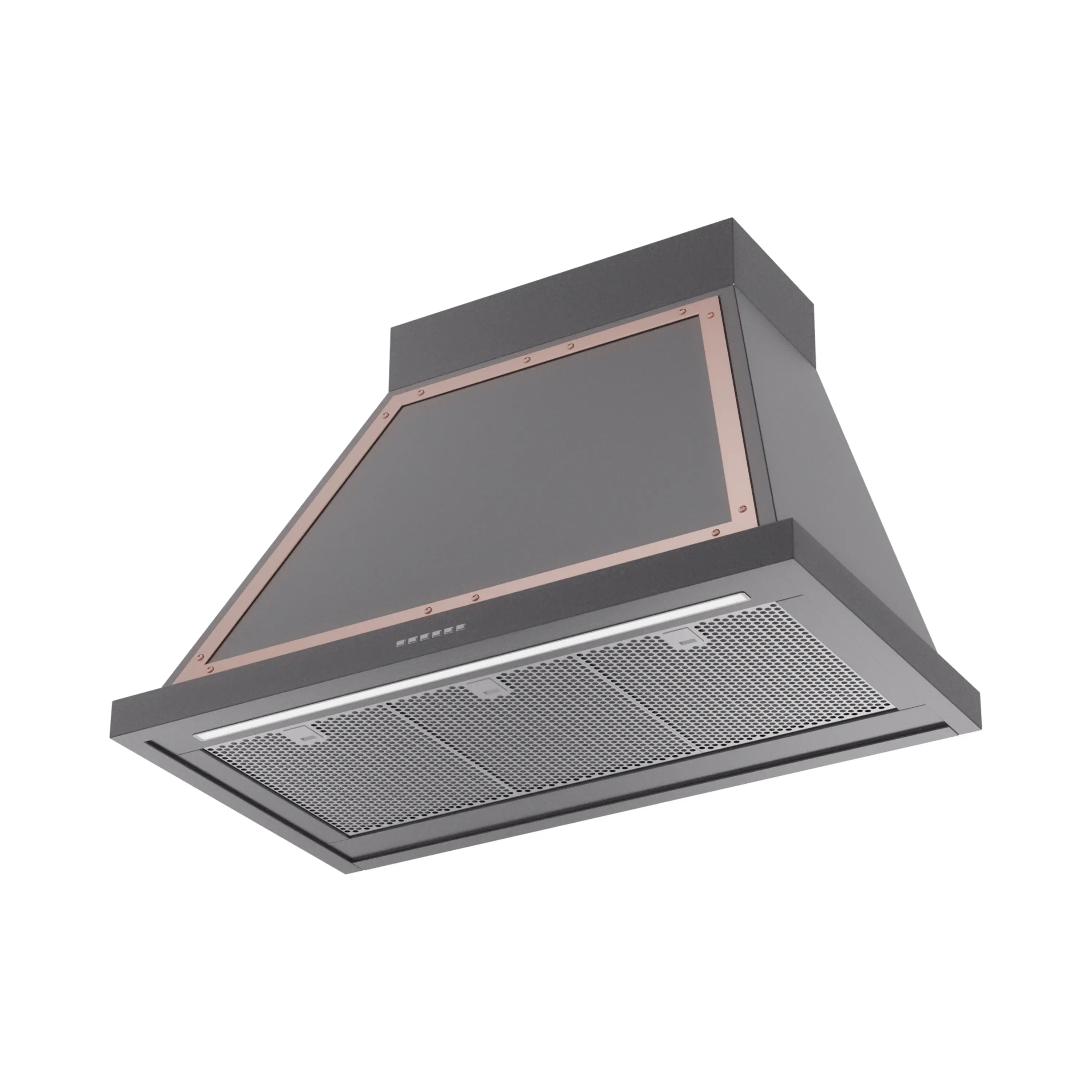 Graphite matte wall-mounted range hood with copper-trimmed chimney and mesh filter panel
