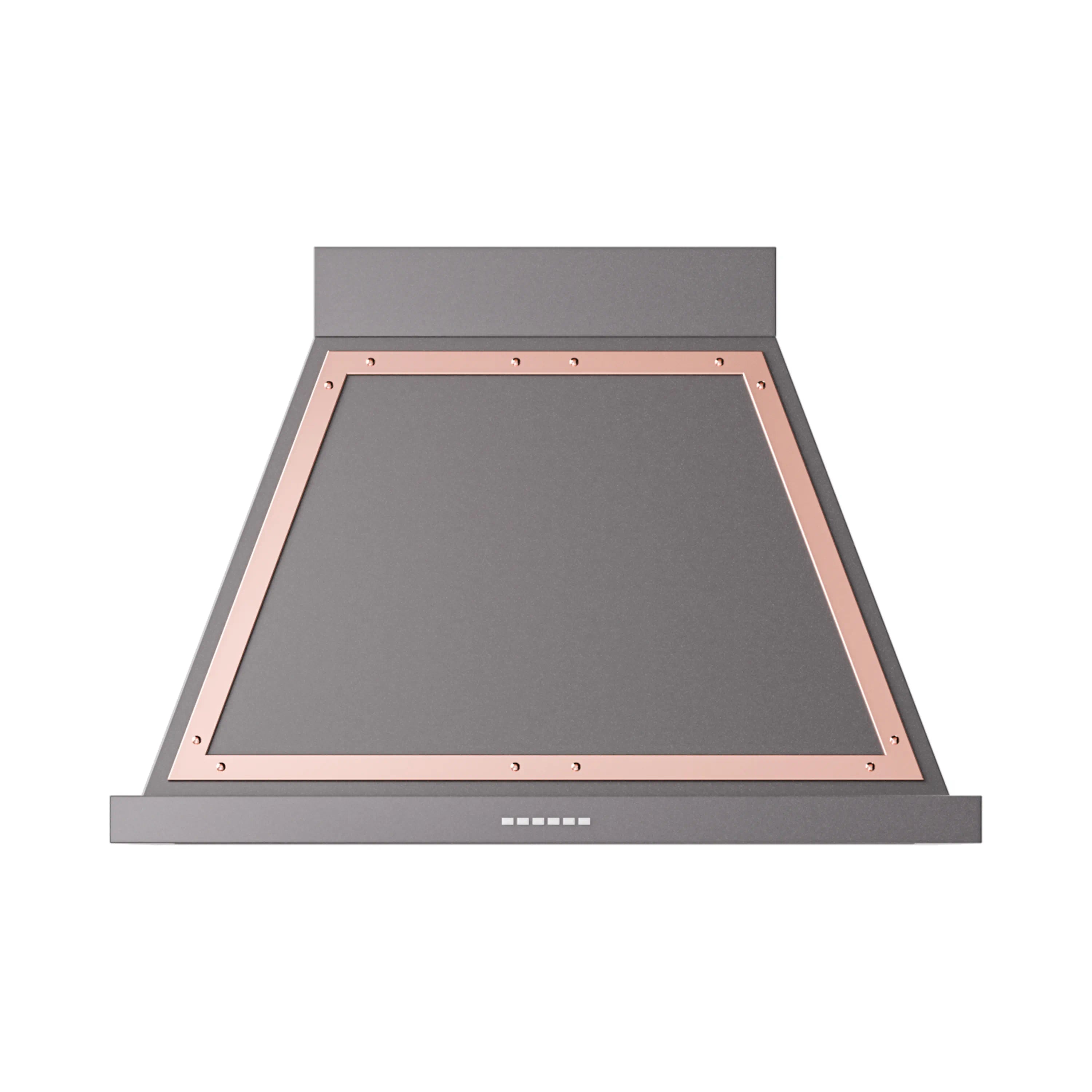 Graphite matte wall hood with copper border, front vent, and control strip