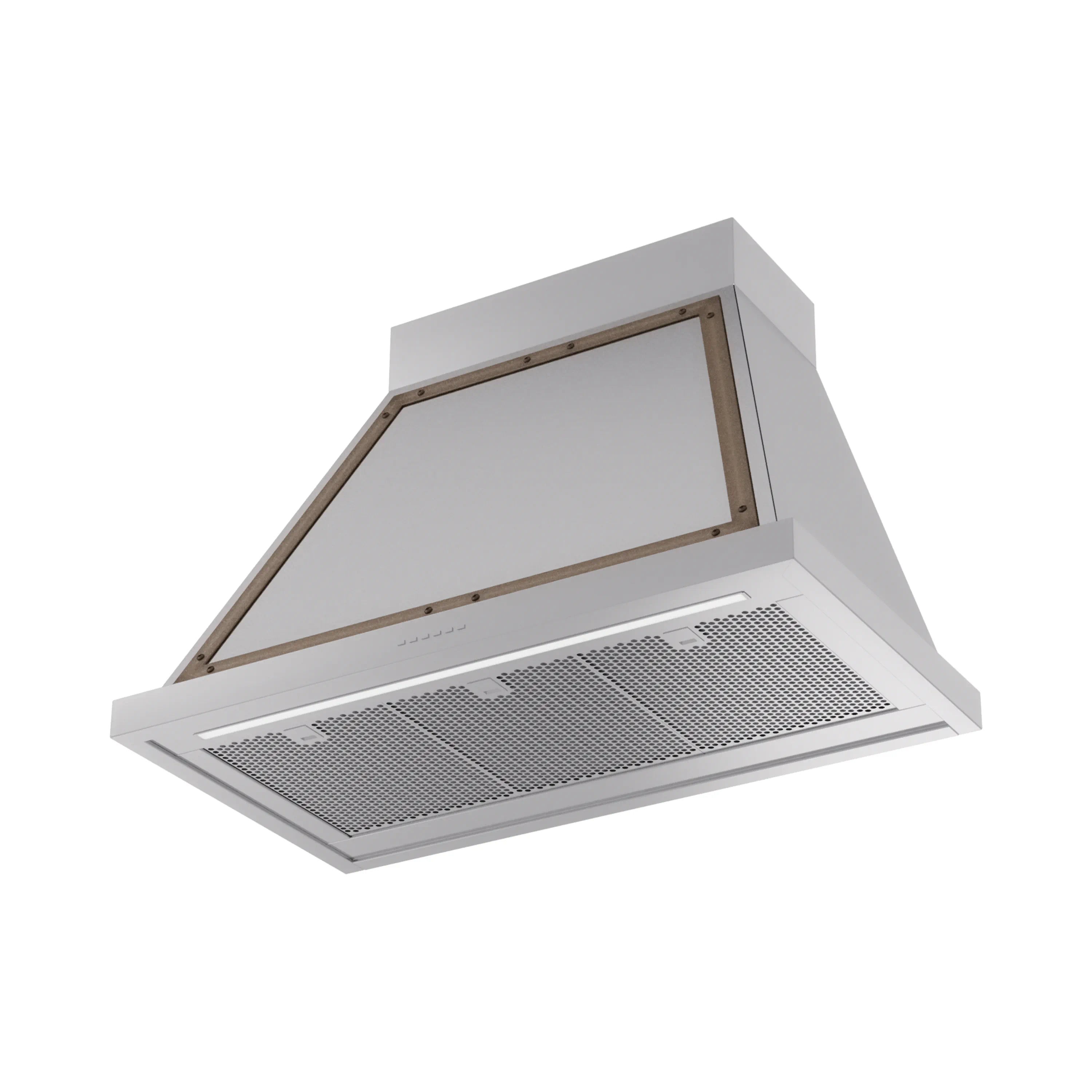 Wall-mounted range hood with stainless steel body, bronze trim, and front grease filter