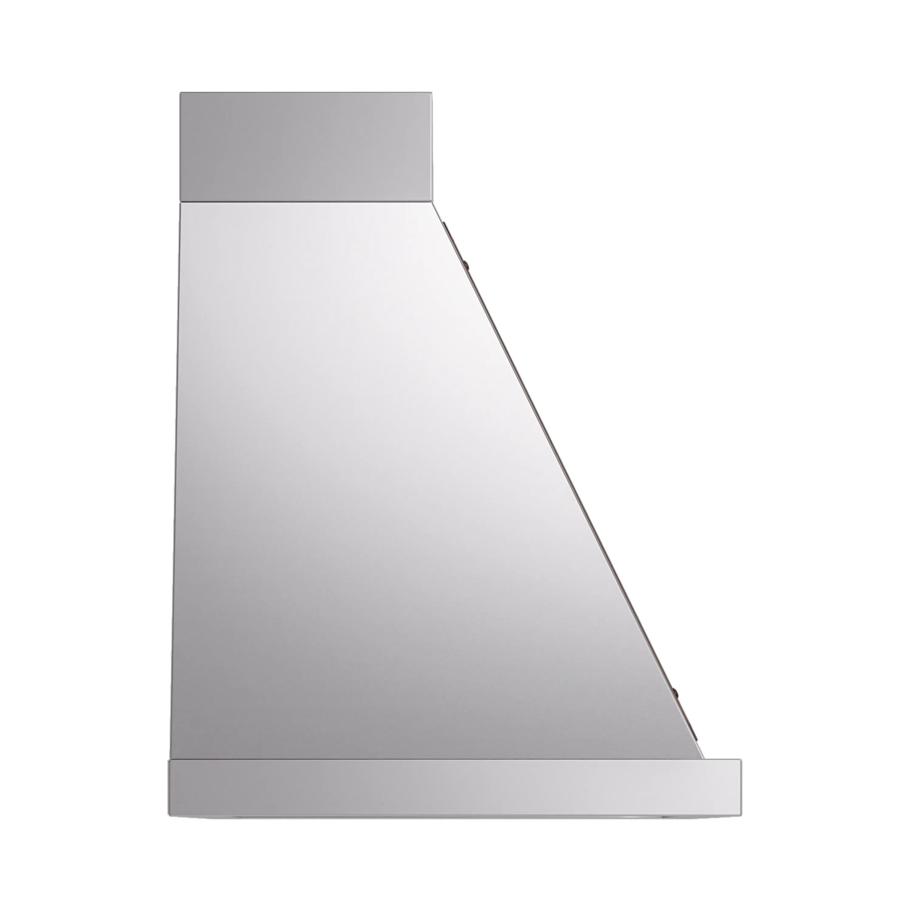 Wall-mounted range hood in stainless steel with bronze trim and angled chimney panel