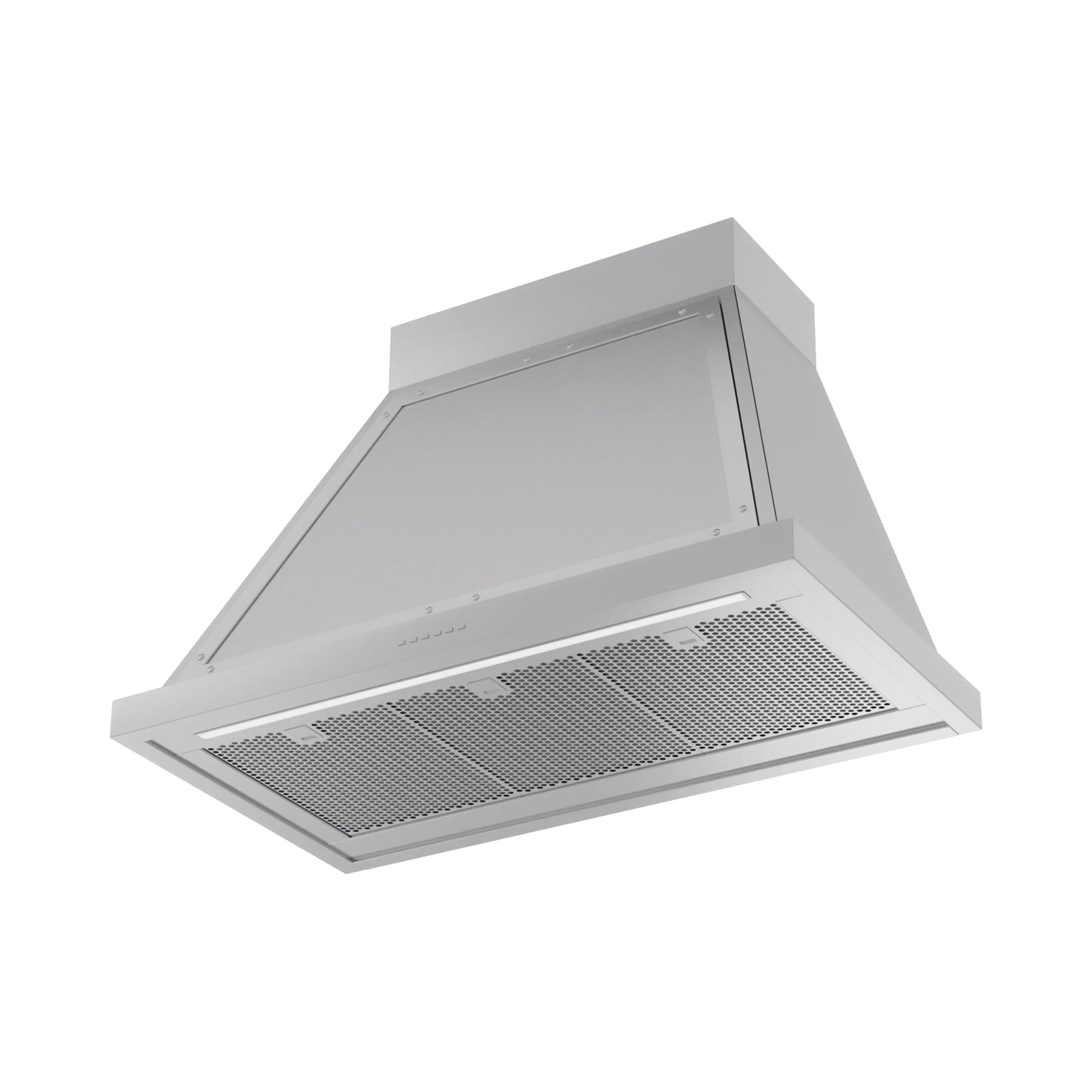 Stainless steel wall range hood with chrome trim and mesh filter panel