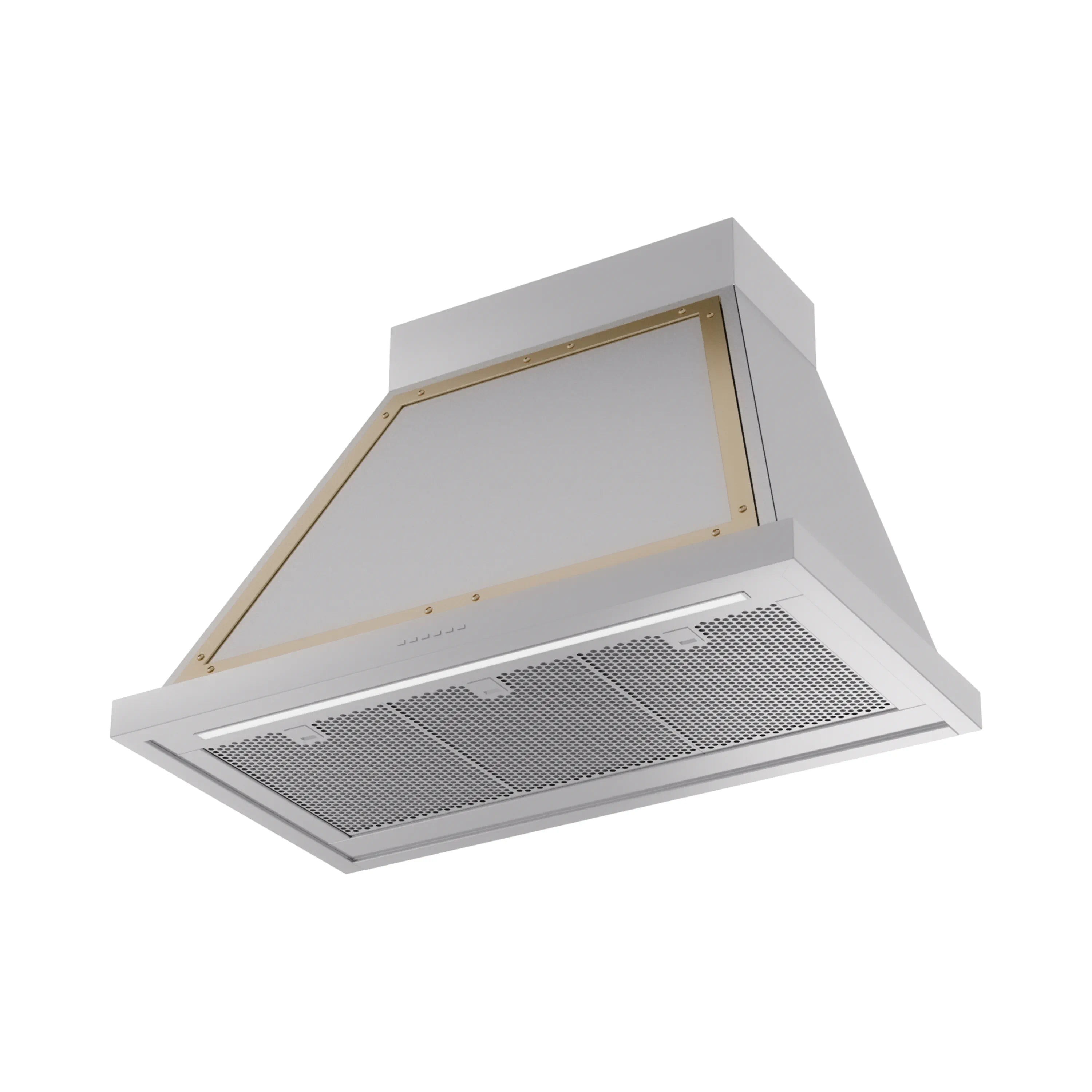 Stainless steel wall range hood with removable mesh filter and brass trim