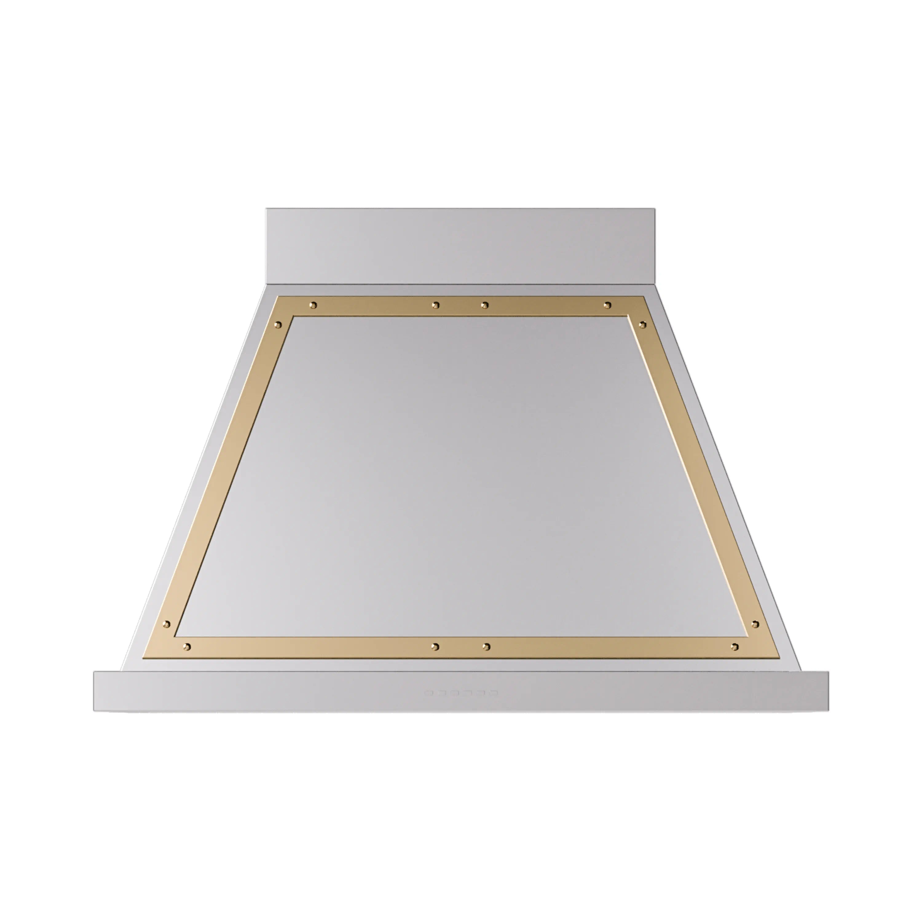 Wall-mounted stainless steel range hood with brass-trimmed opening