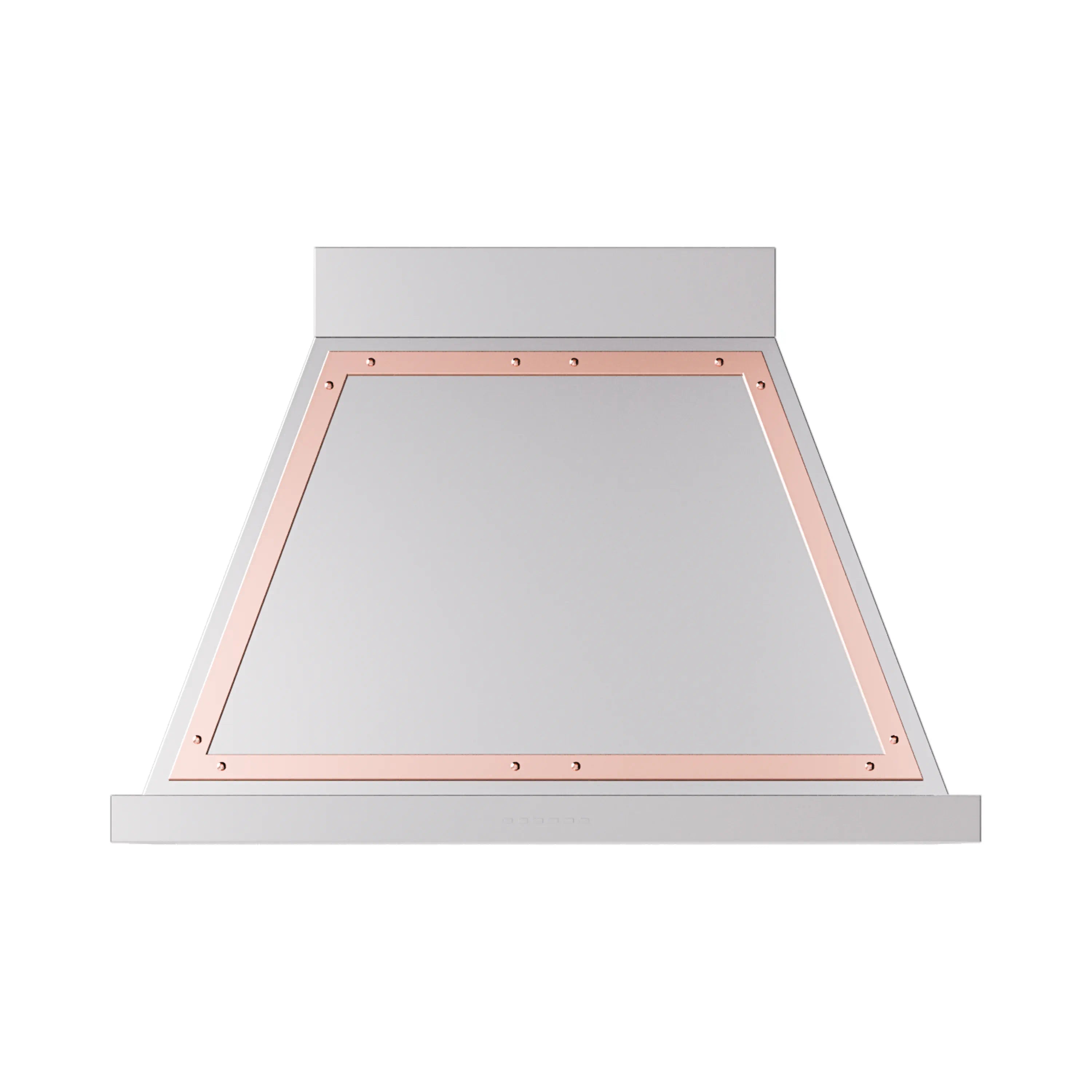 Stainless wall hood with copper-lined underside frame and visible mounting screws