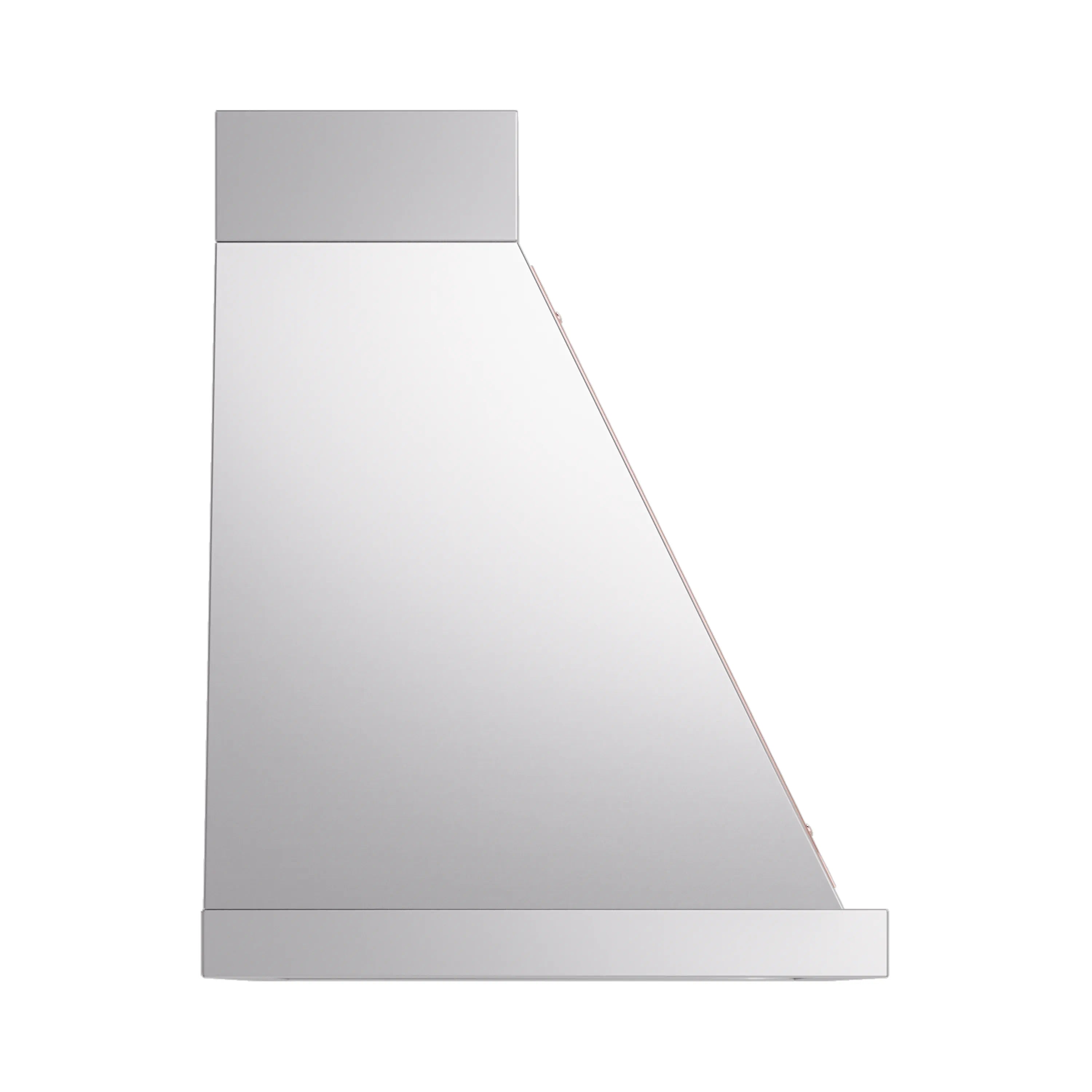 Stainless steel wall range hood with angled front panel and copper trim accent