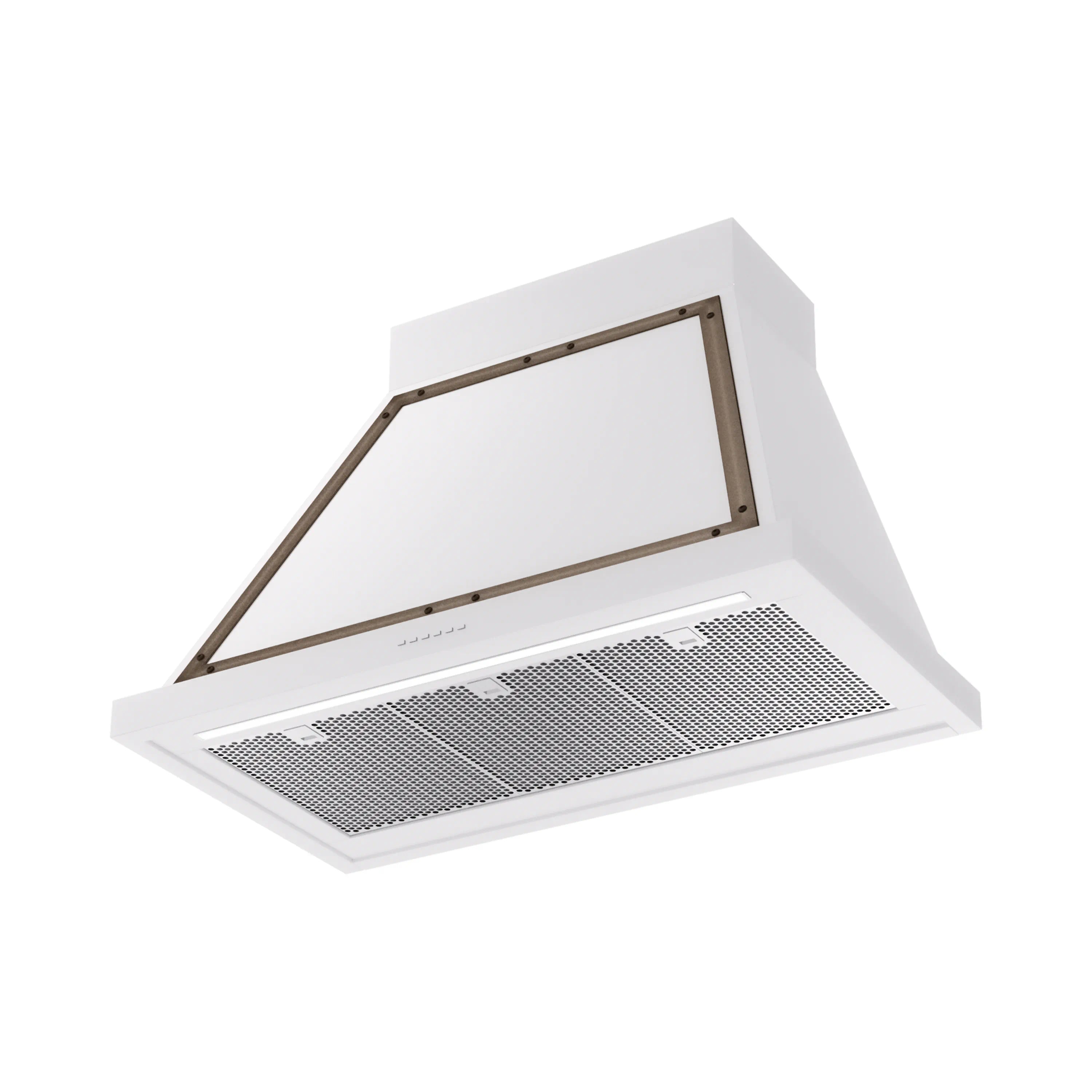 White wall-mounted range hood with bronze trim and mesh filter panel