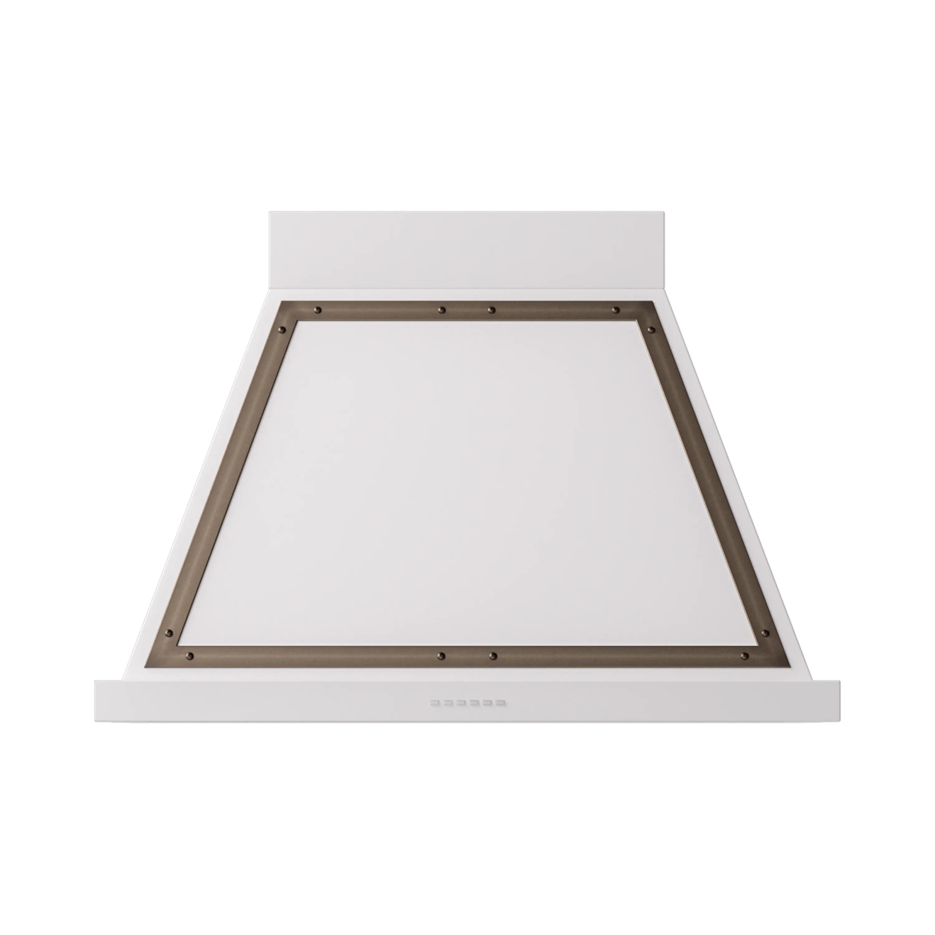 White wall-mounted range hood underside with bronze frame and filter intake slots