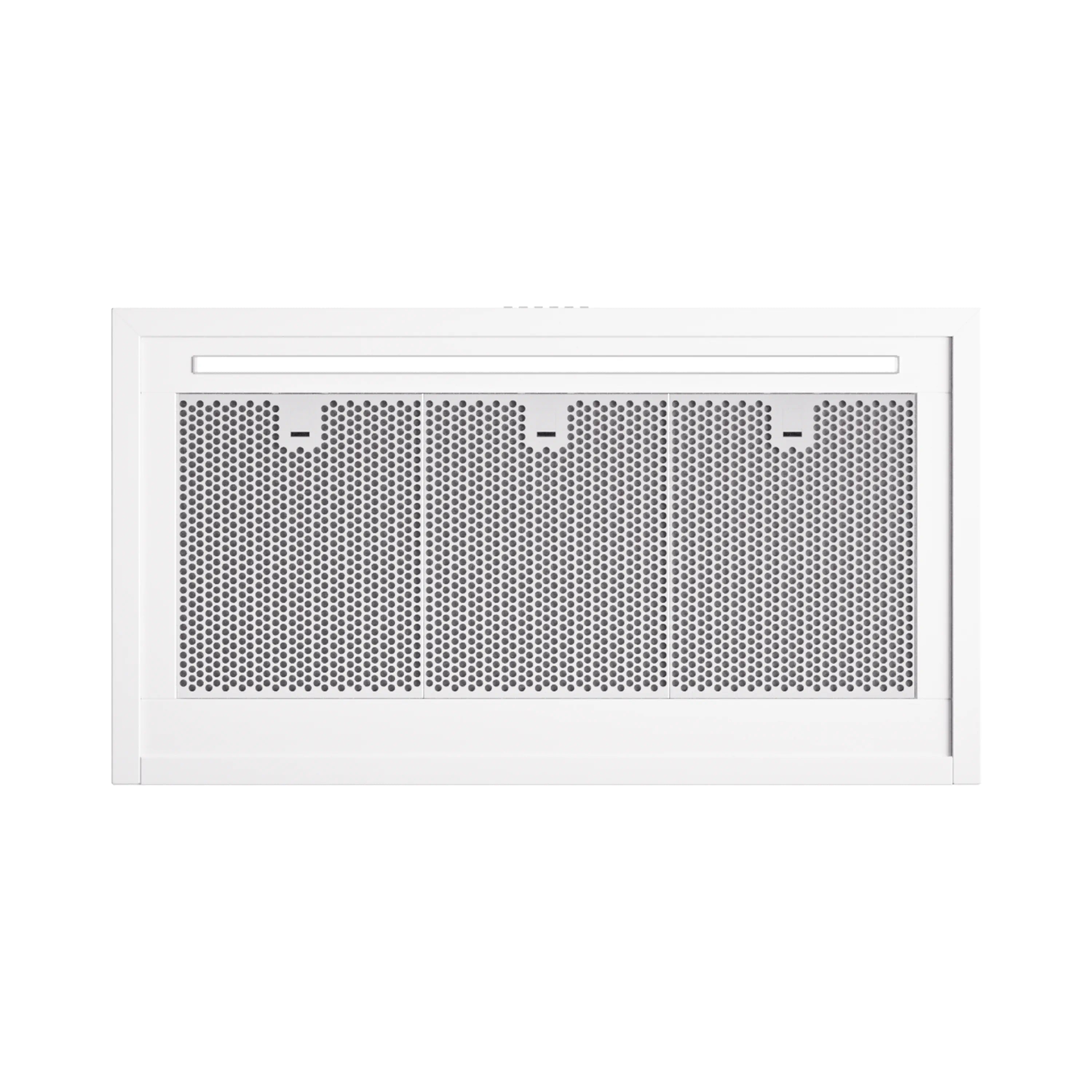Wall-mounted range hood with white body and mesh vent filter, brass-trim accents