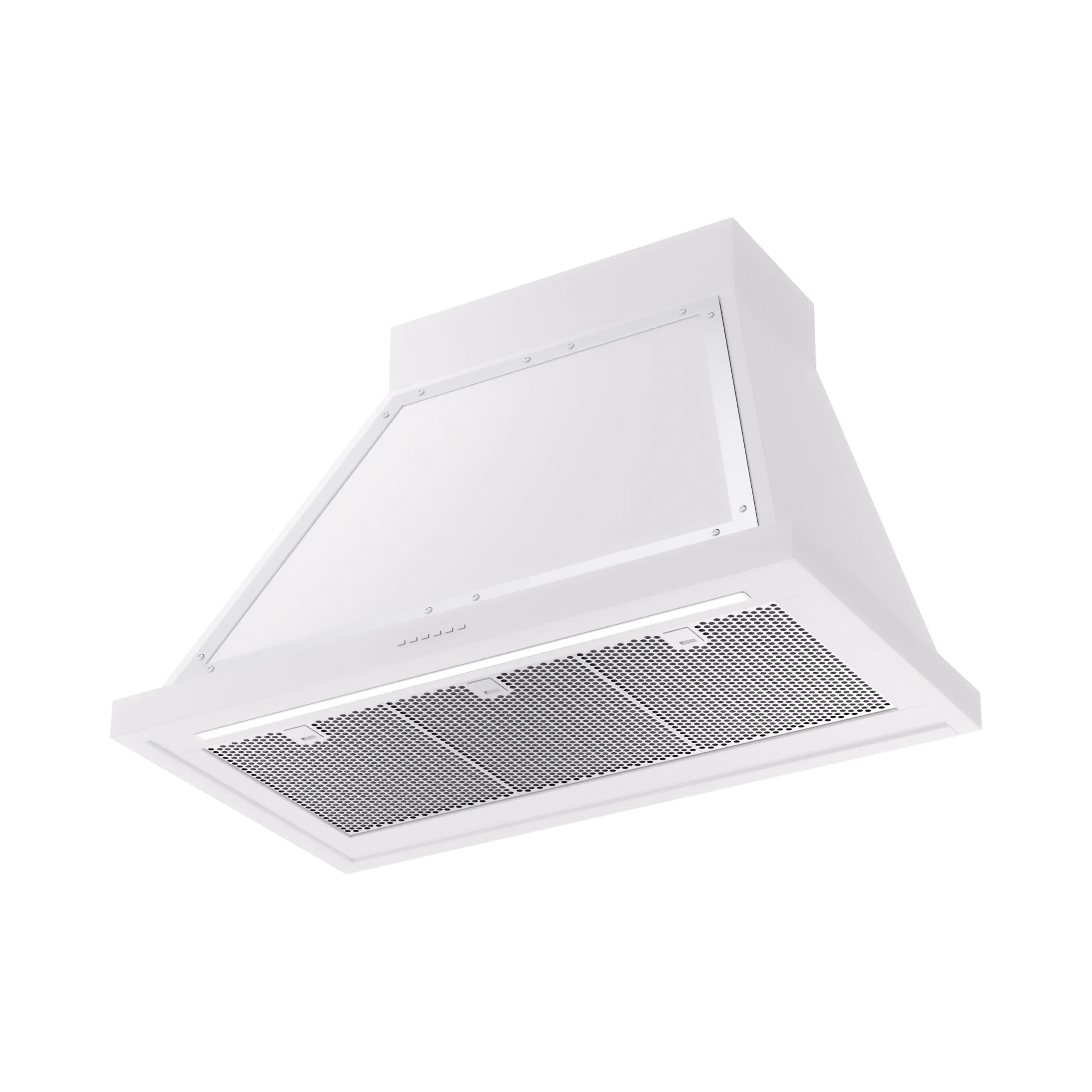 ILVE white wall range hood with opened underside showing mesh grease filters