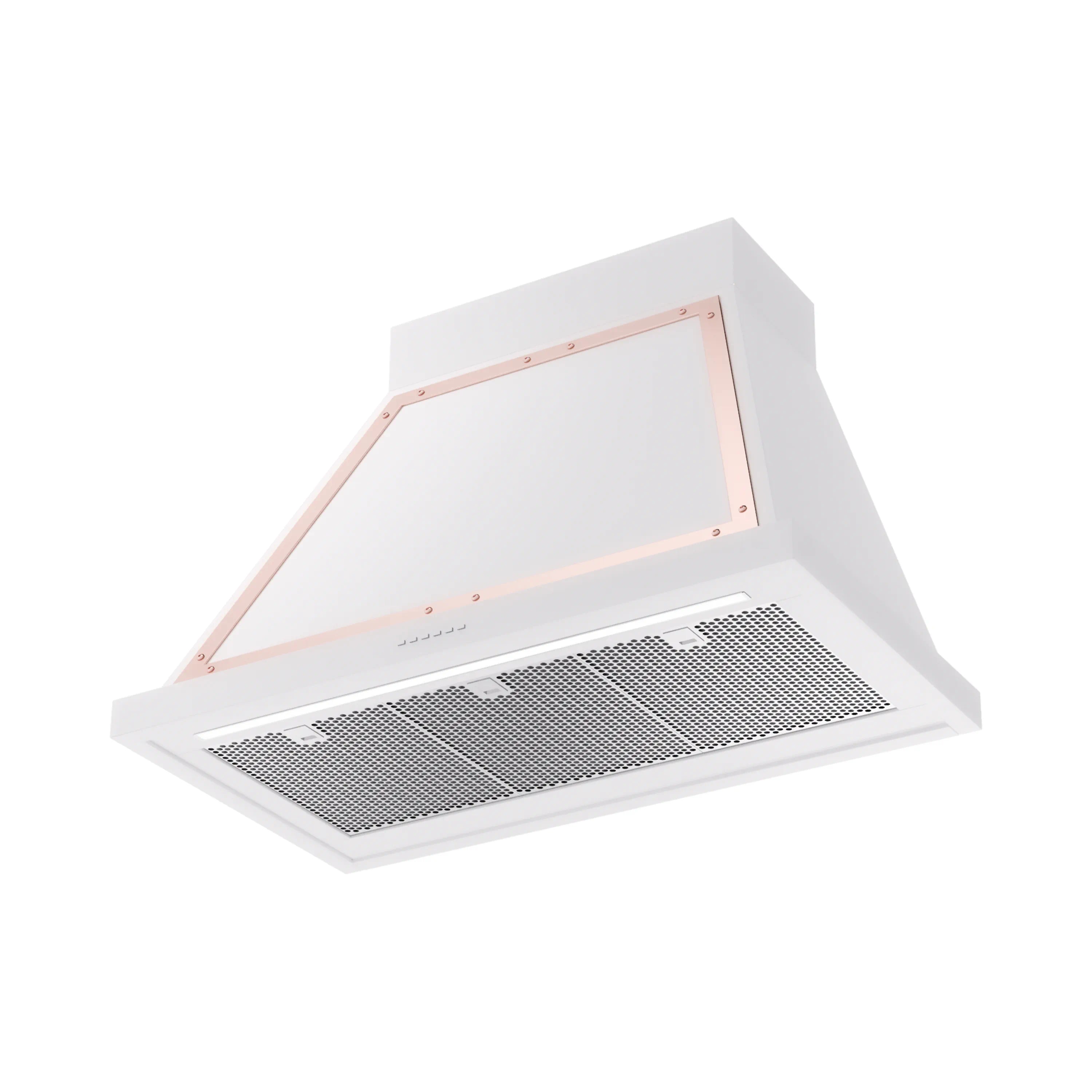 White wall mounted range hood with copper-trim open canopy and mesh filter
