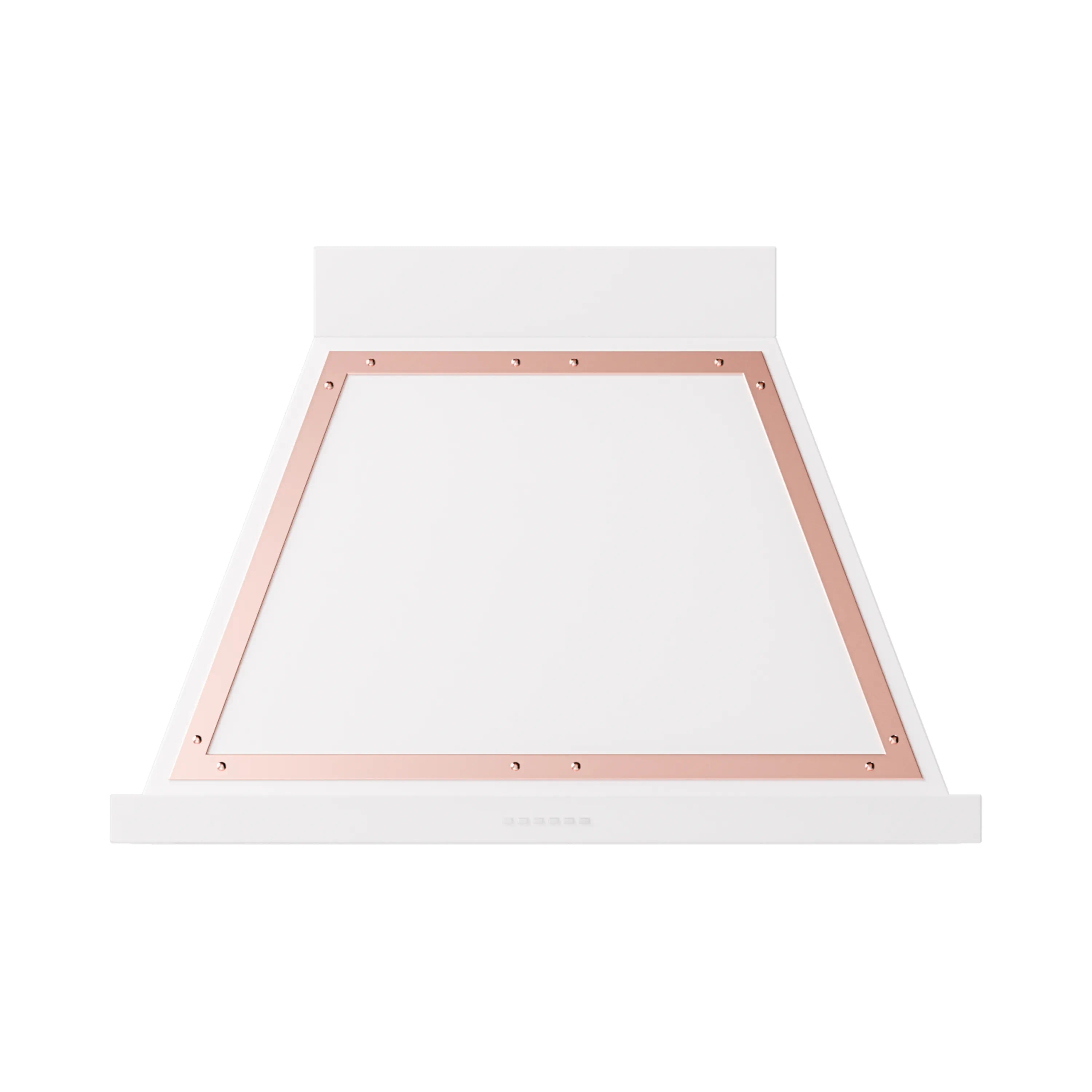 Copper-trimmed inner frame of a white wall range hood underside