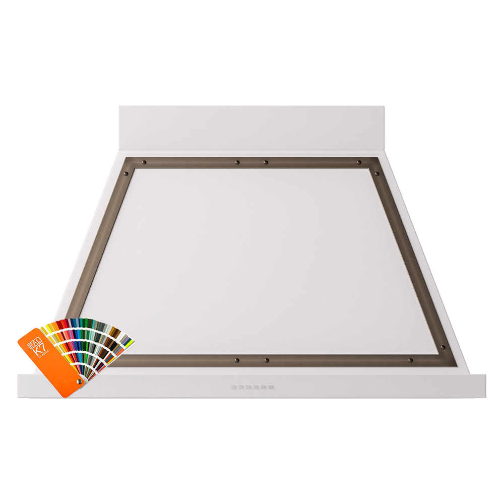 Wall mounted range hood underside with bronze side trim and open fan area