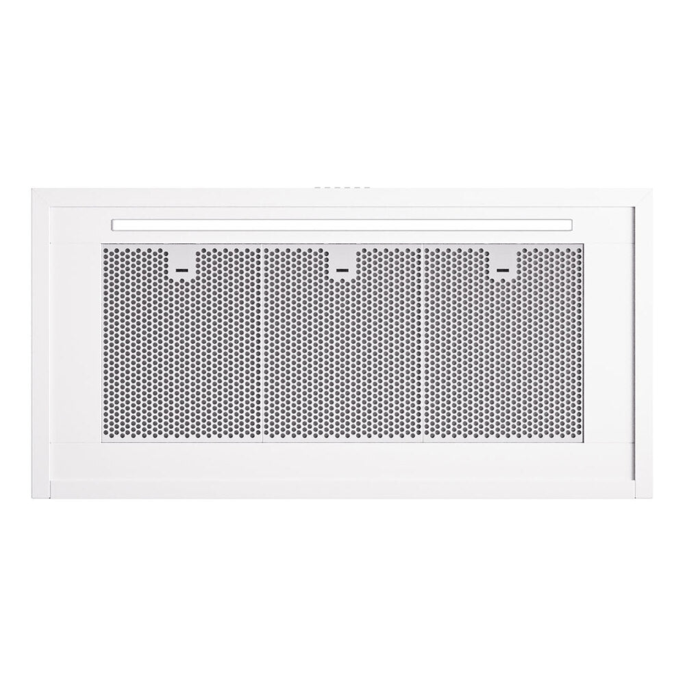 ILVE wall-mounted range hood vent with black mesh grease filters in white housing